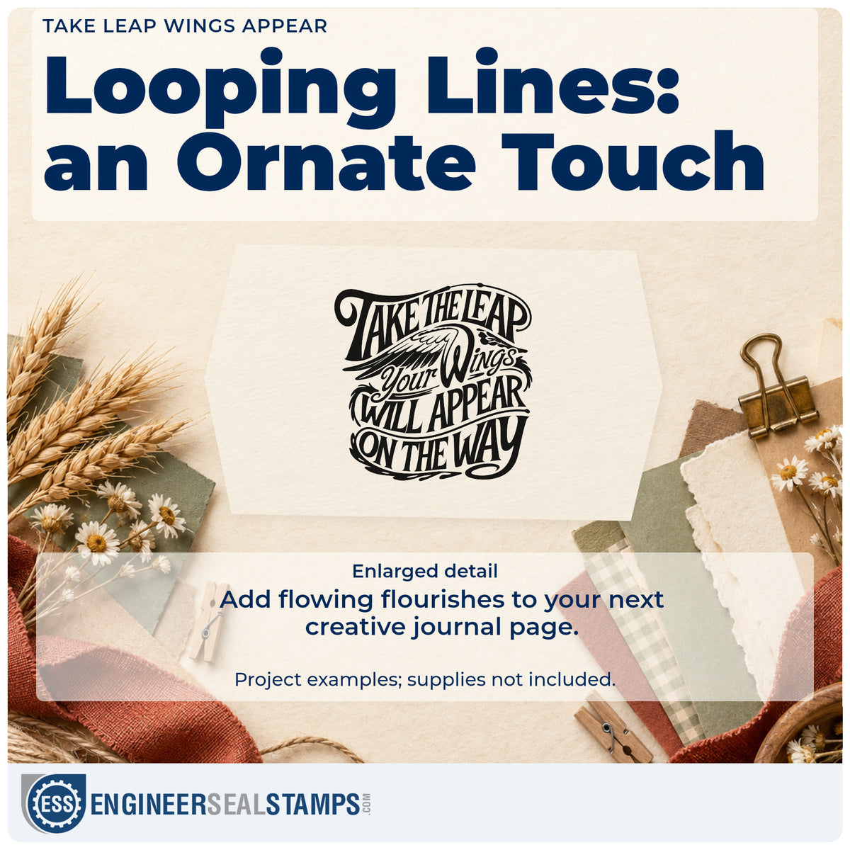 Enlarged detail of the Vintage Pro Take Leap Wings Appear Premium Wooden Stamp imprint. TAKE THE LEAP Your Wings WILL APPEAR ON THE WAY appears in ornate lettering with winglike flourishes.