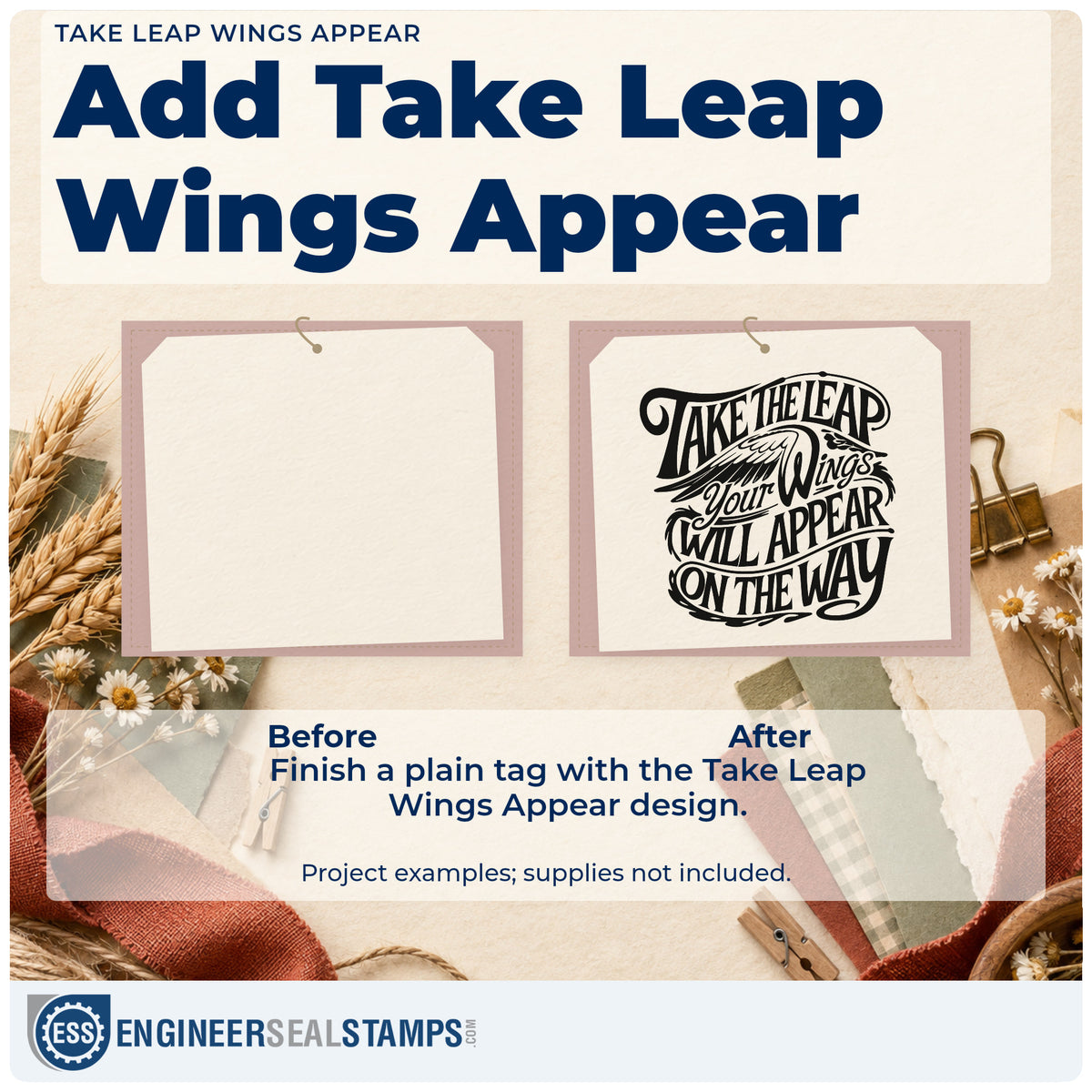 Before and after of a plain item finished with the Take Leap Wings Appear Hand Stamp – Duo, a quick upgrade for framed studio door.