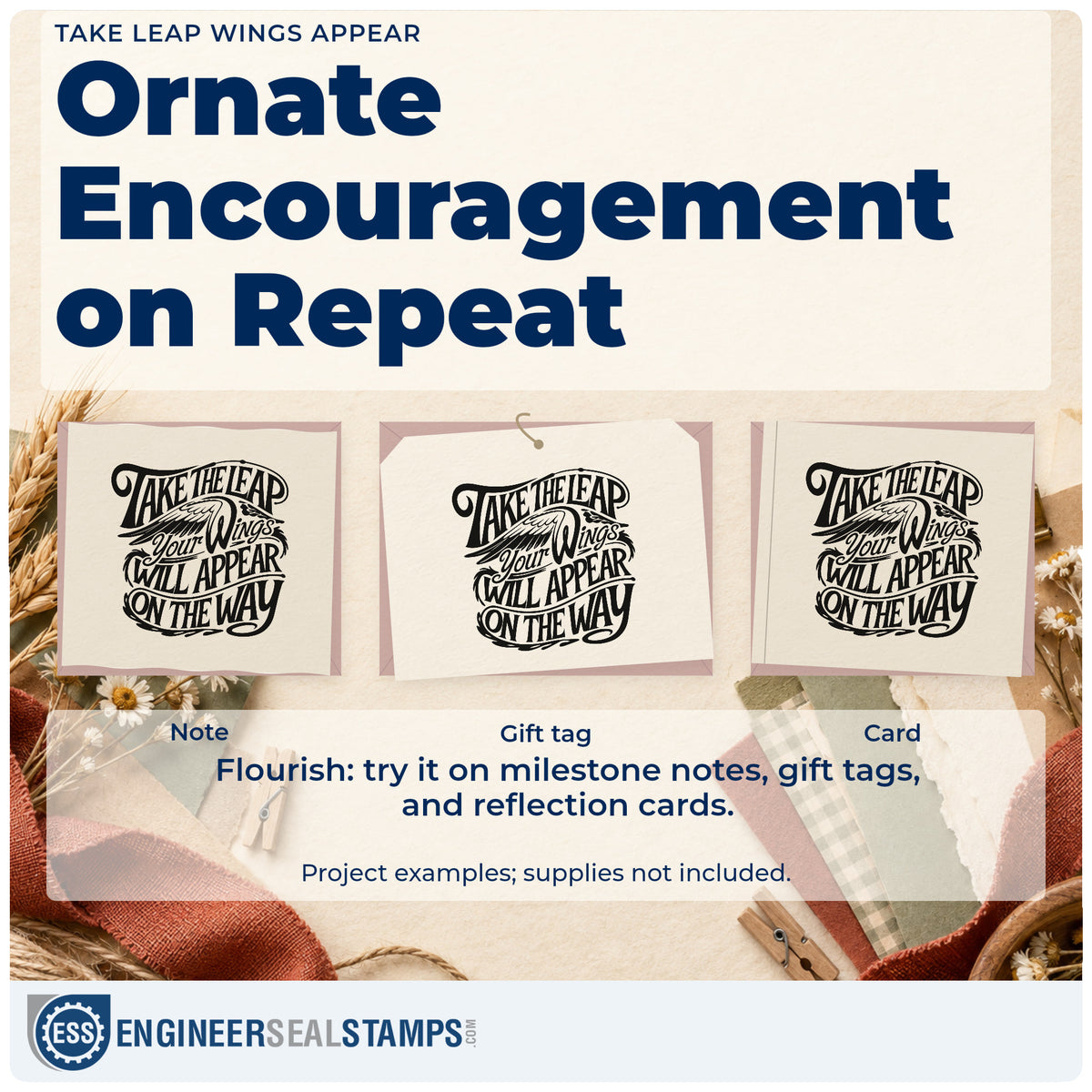 Three project examples made with the Take Leap Wings Appear Hand Stamp – Duo, including fit out task sheet.