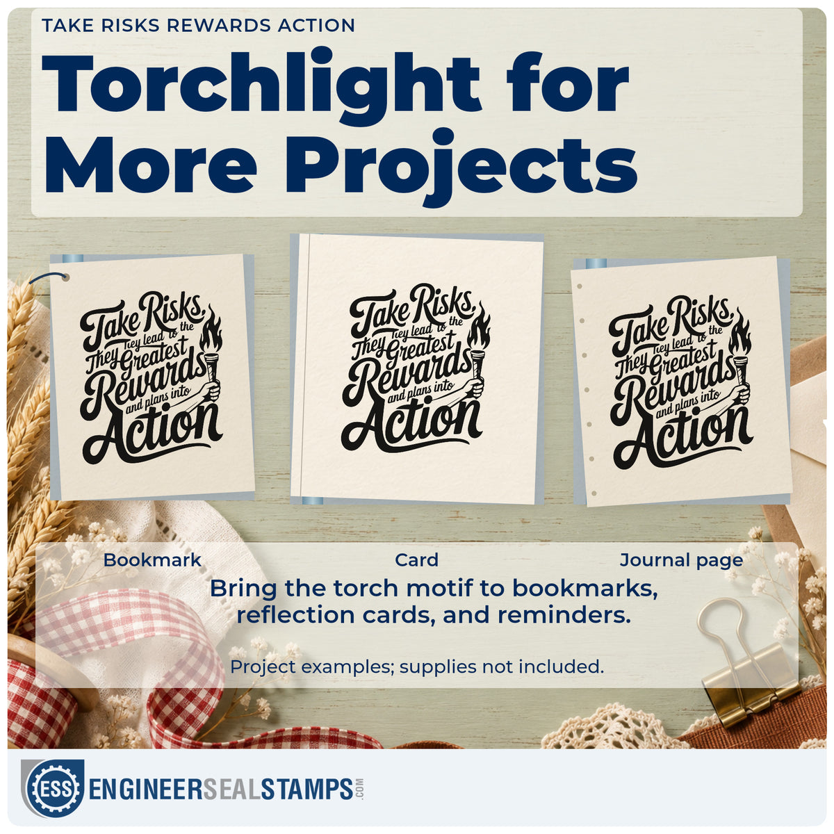Three project examples made with the Torch And Greatest Rewards Word Art Wood Handle Stamp, including leg assign sheet.