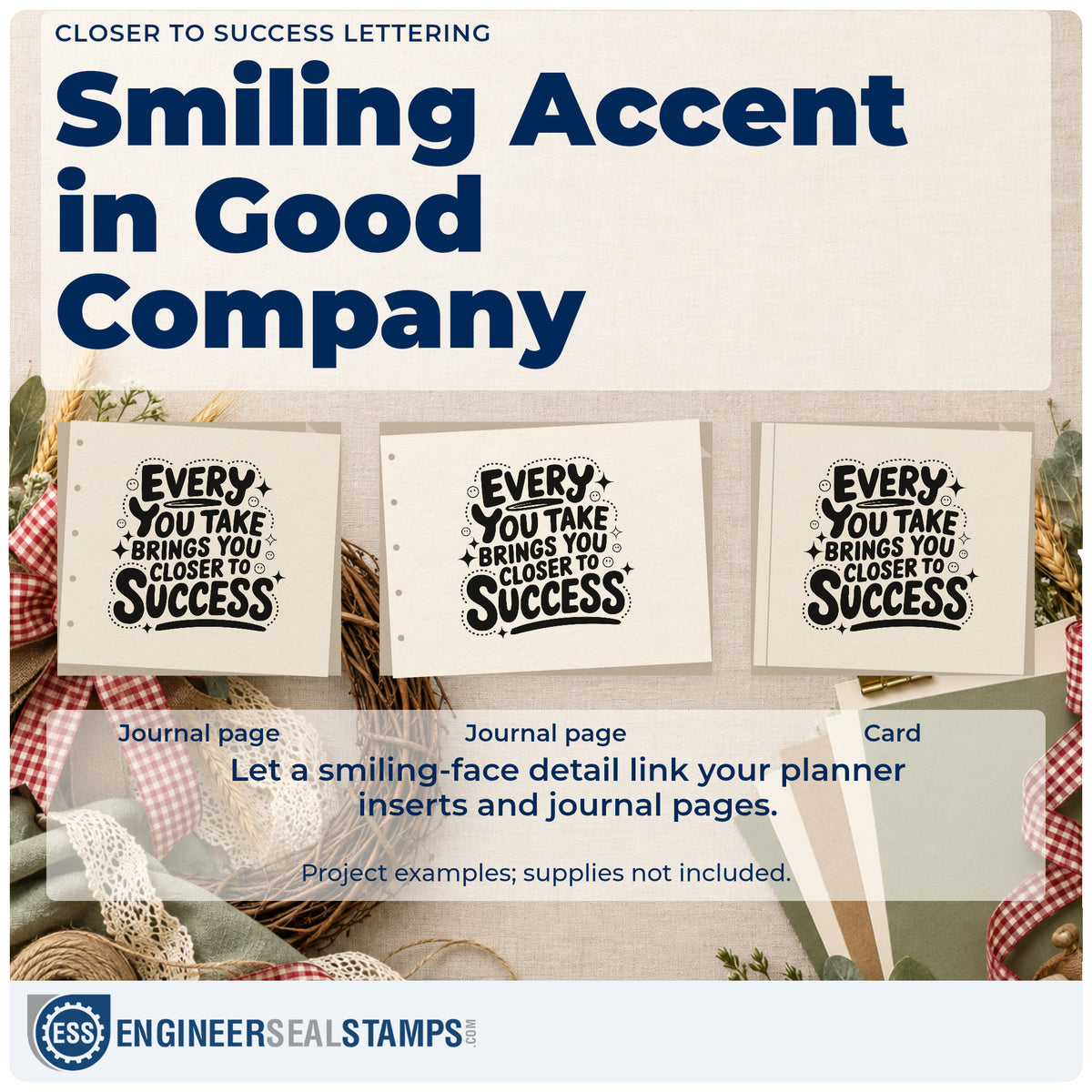 Three project examples made with the Duo Hand Smiling Circles With Success Lettering Rubber Stamp, including skill stage sheet.