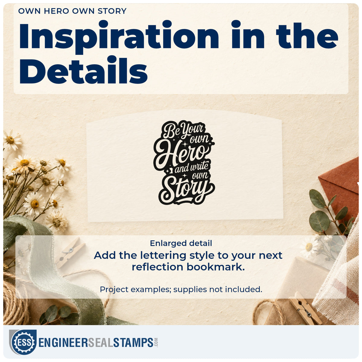 Enlarged detail of the Own Hero Own Story Hand Stamp – Duo imprint. Be Your own Hero and write own Story appears in flowing negative-space lettering on a dark outline.