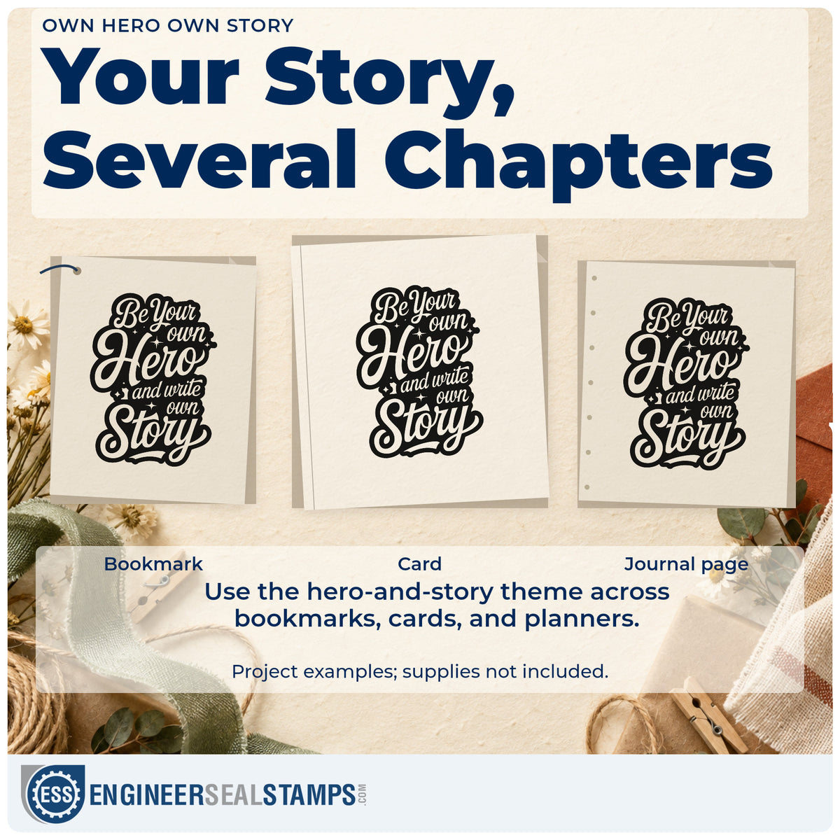 Three project examples made with the Own Hero Own Story Hand Stamp – Duo, including session log sheet.