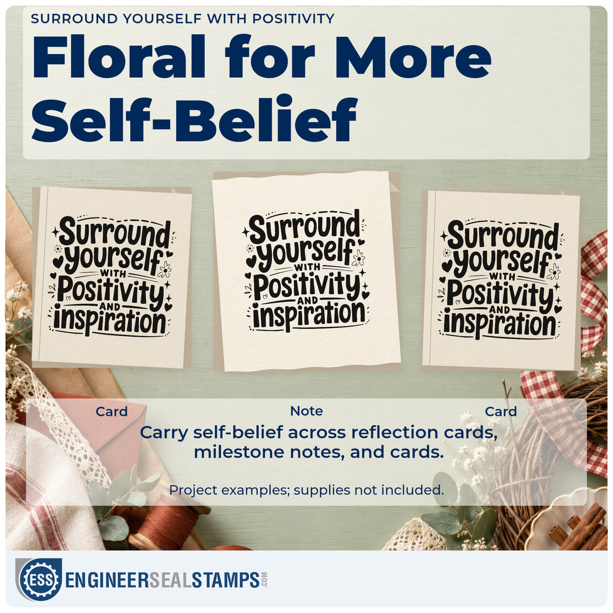 Three project examples made with the Surround Yourself With Positivity And Inspiration Rubber Stamp – Duo Hand, including notice rota sheet.