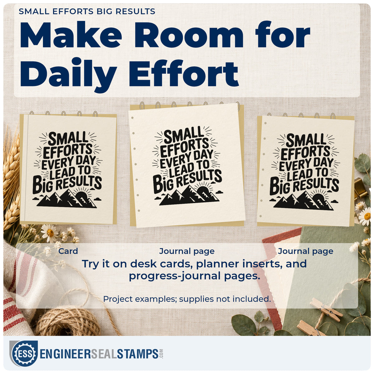 Three project examples made with the Small Efforts Big Results Hand Stamp – Duo, including chord drill sheet.
