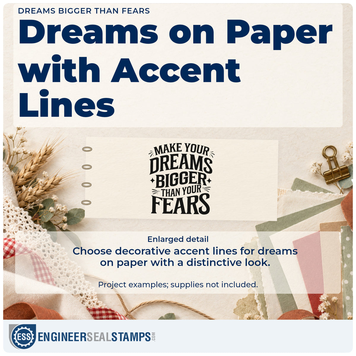 Enlarged detail of the Dreams Bigger Than Fears Rubber Stamp – Wood Handle imprint. MAKE YOUR DREAMS BIGGER THAN YOUR FEARS appears in bold capitals with stars and accent strokes.