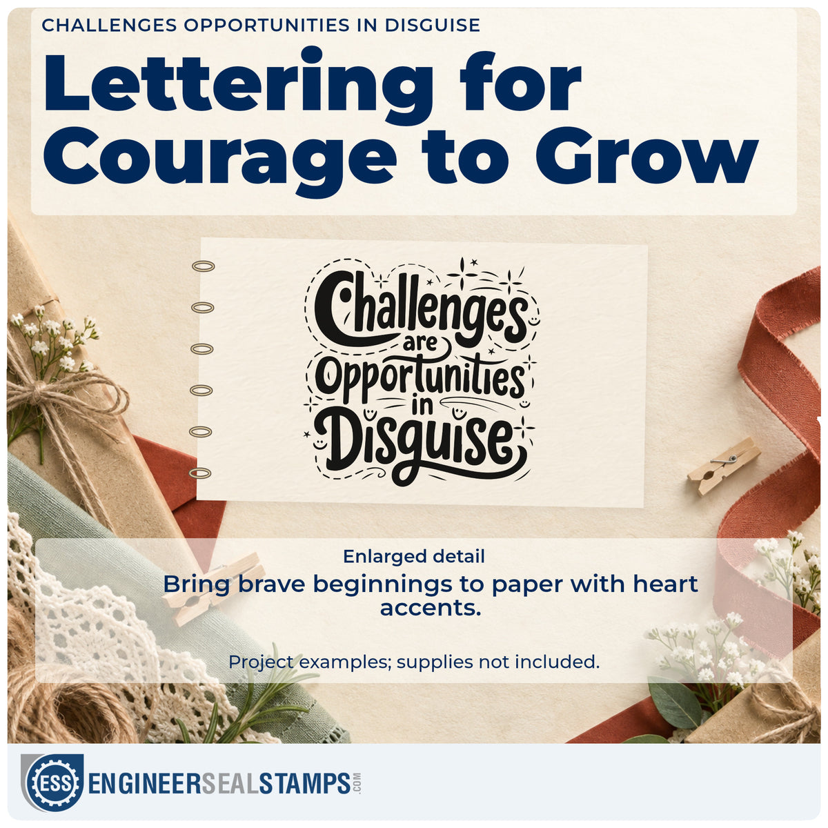 Enlarged detail of the Challenges Are Opportunities In Disguise Stamp – Premium Vintage Pro Wooden imprint. Challenges are Opportunities in Disguise appears with dotted curves, small hearts, and decorative marks.