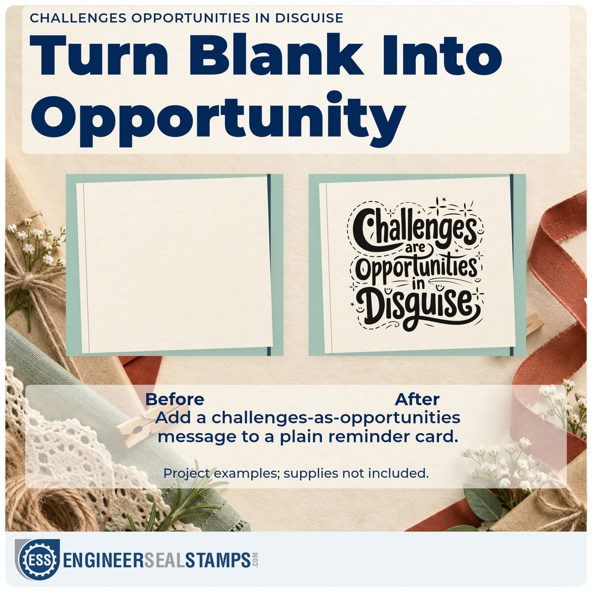Before and after of a plain item finished with the Challenges Are Opportunities In Disguise Stamp – Premium Vintage Pro Wooden, a quick upgrade for framed hall corner.
