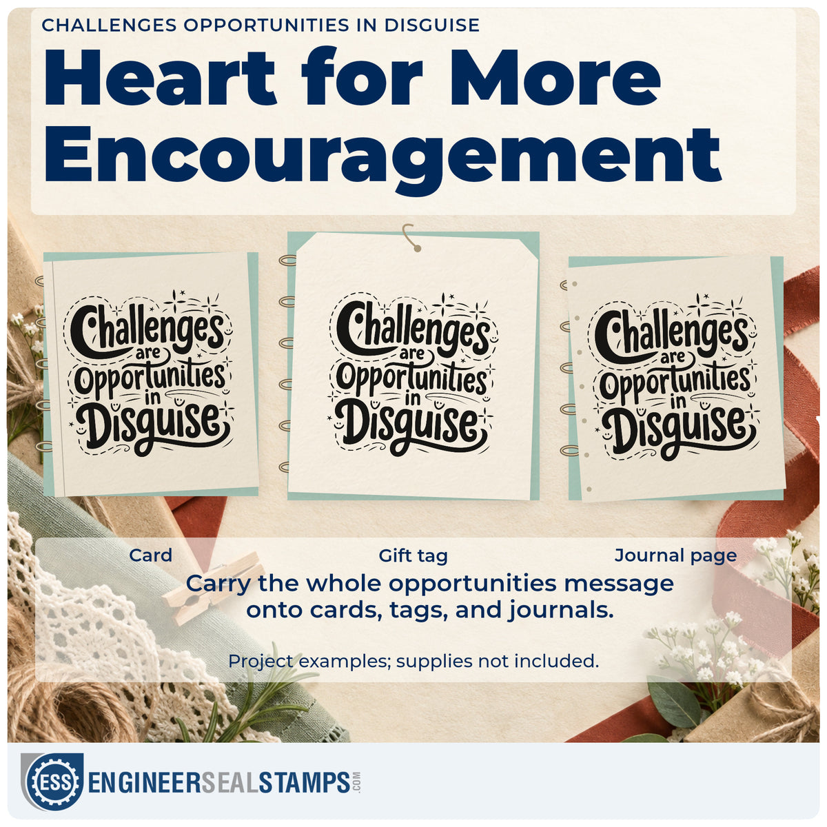 Three project examples made with the Challenges Are Opportunities In Disguise Stamp – Premium Vintage Pro Wooden, including repair log sheet.