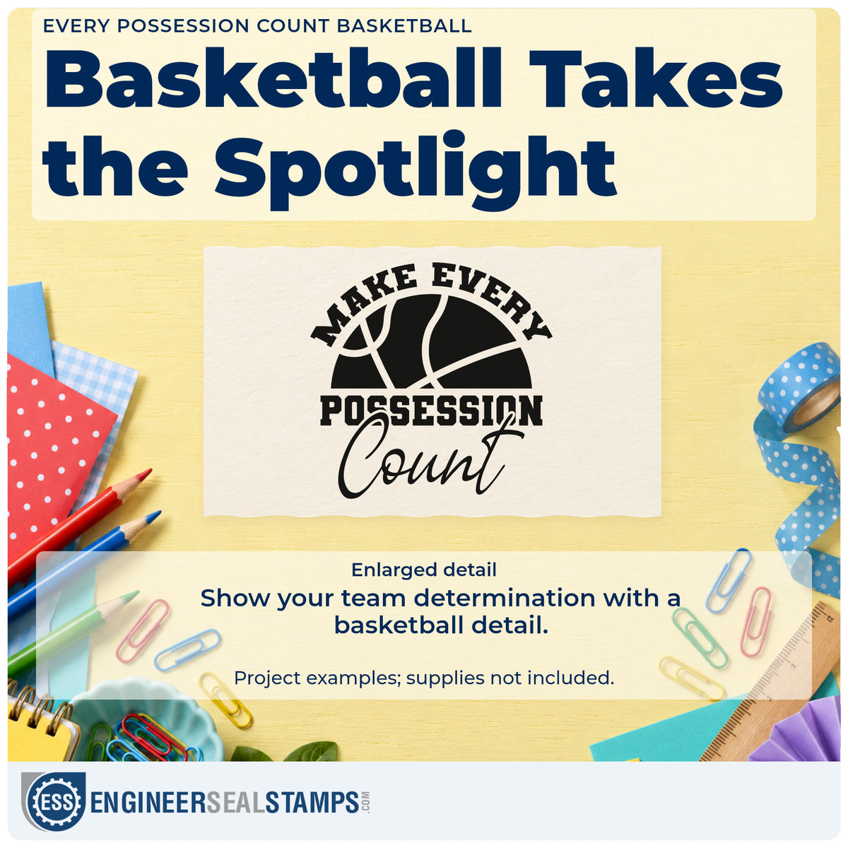 Enlarged detail of the Premium Wooden Every Possession Count Basketball Arch Stamp – Vintage Pro imprint. MAKE EVERY POSSESSION Count appears in arched capitals and script around a basketball.