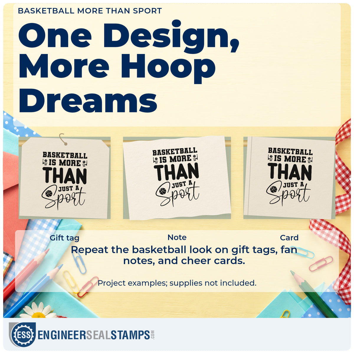 Three project examples made with the Basketball Is More Than Just A Sport Wood Handle Stamp, including game night sheet.
