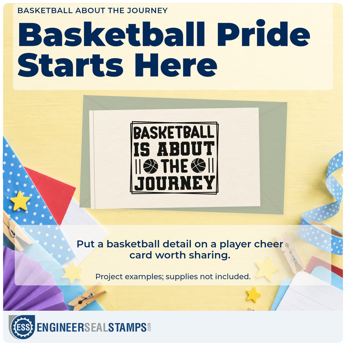 A finished handmade project stamped with the Basketball About The Journey Pre-Inked Stamp – Slim, ideal for alumni album page.