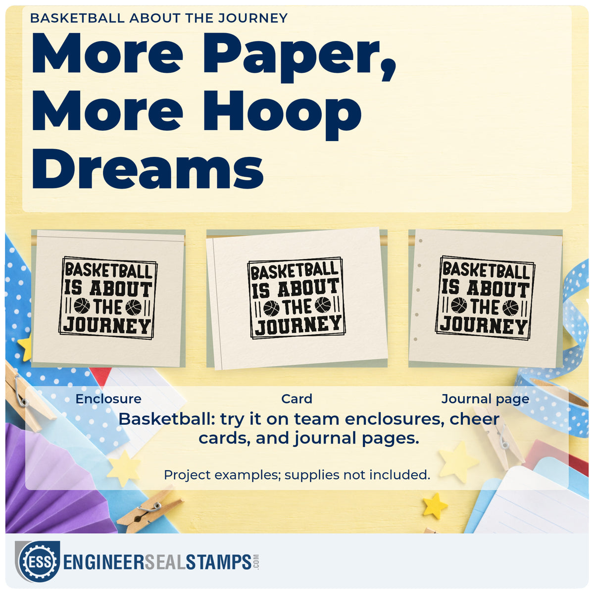 Three project examples made with the Basketball About The Journey Pre-Inked Stamp – Slim, including roster year sheet.