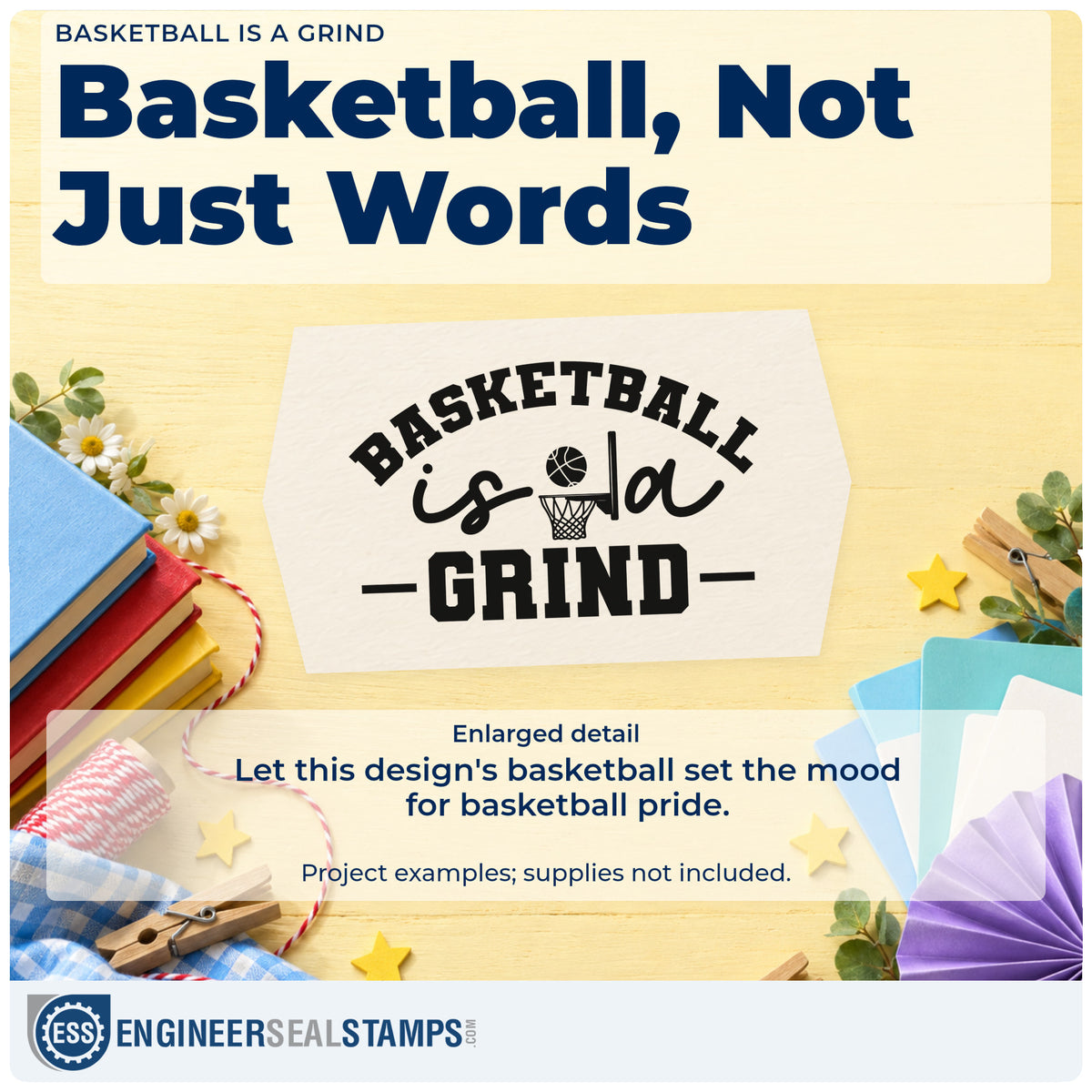 Enlarged detail of the Basketball Is A Grind Premium Wood-Mounted Stamp – Vintage Pro imprint. BASKETBALL is a GRIND appears with a small basketball hoop and horizontal rules.