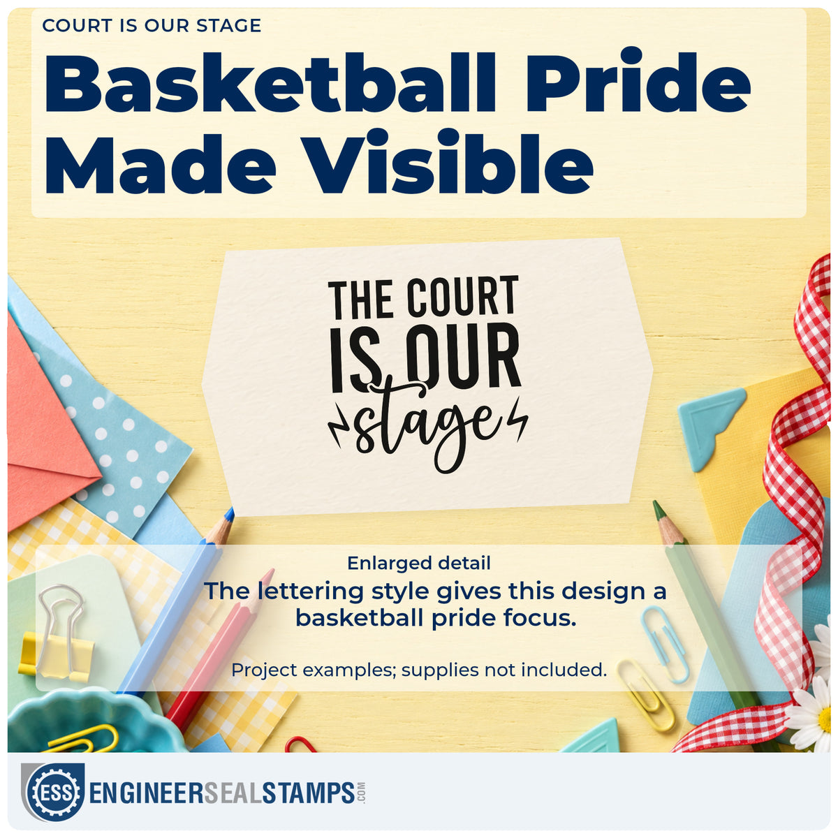 Enlarged detail of the The Court Is Our Stage Rubber Stamp – Duo Hand imprint. THE COURT IS OUR stage appears with two lightning bolts.