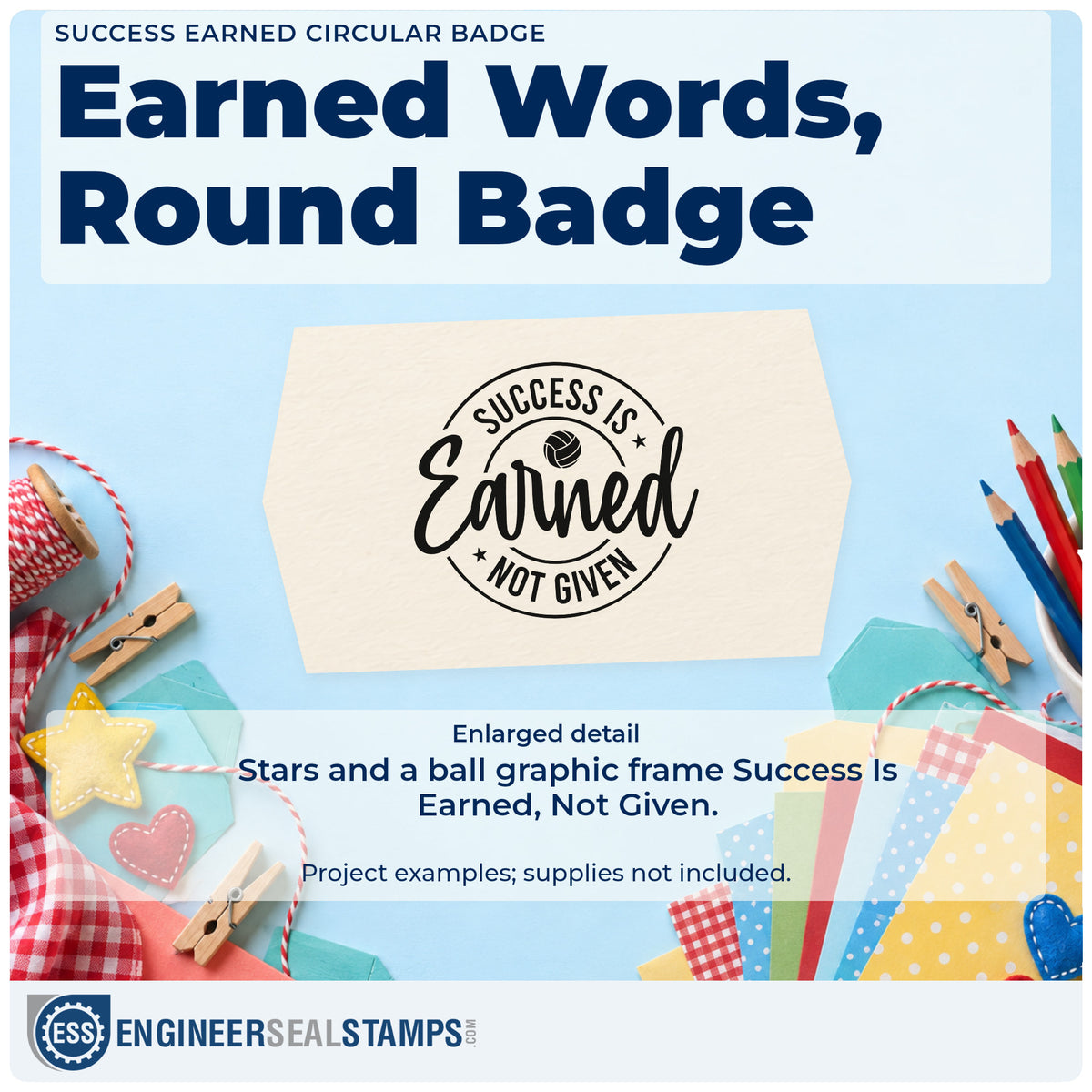 Enlarged detail of the Volleyball Circle With Success Is Earned Premium Wooden Stamp – Vintage Pro imprint. SUCCESS IS Earned NOT GIVEN appears in a circular badge with a volleyball-style ball and stars.