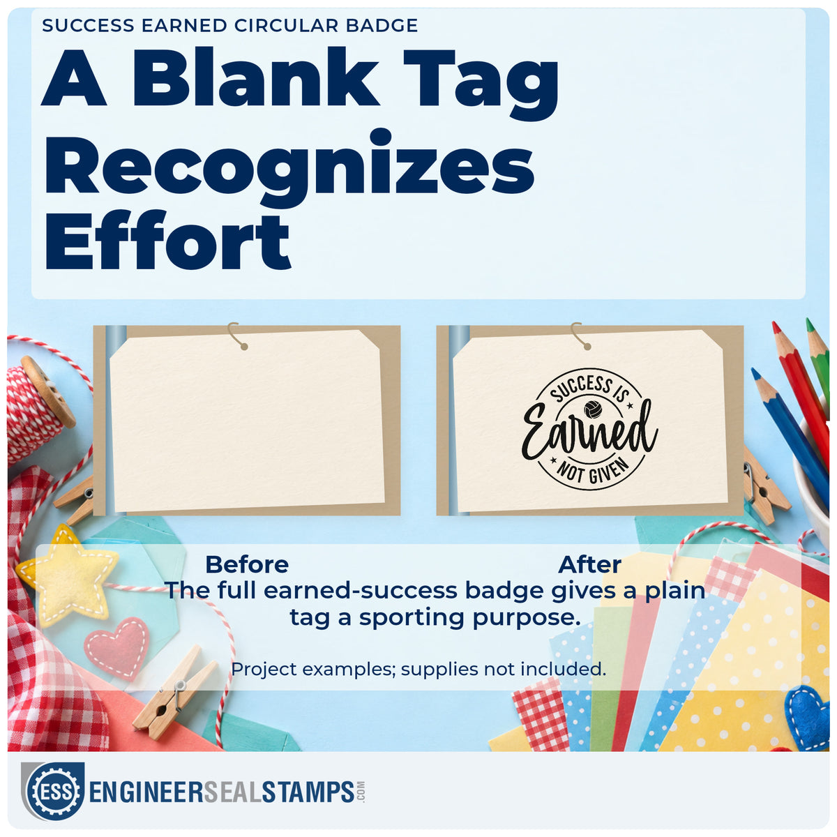 Before and after of a plain item finished with the Volleyball Circle With Success Is Earned Hand Stamp – Duo, a quick upgrade for framed club gym.