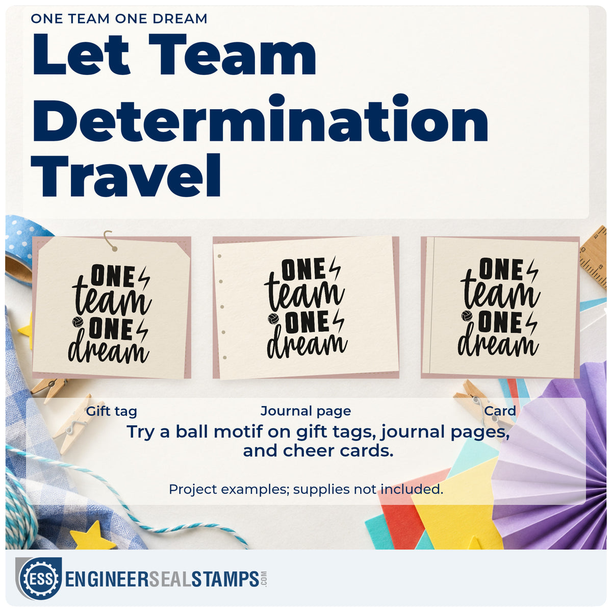 Three project examples made with the Wood Handle Volleyball And Lightning One Team One Dream Rubber Stamp, including roster signup sheet.
