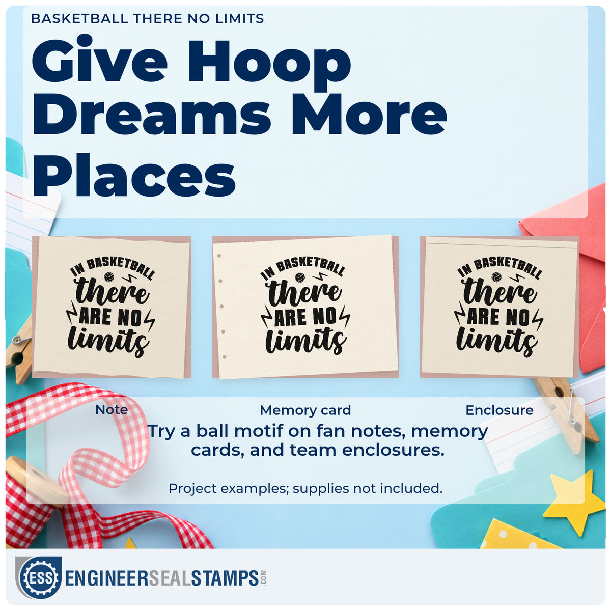 Three project examples made with the Basketball No Limits Lightning Lettering Premium Wooden Stamp – Vintage Pro, including league table sheet.