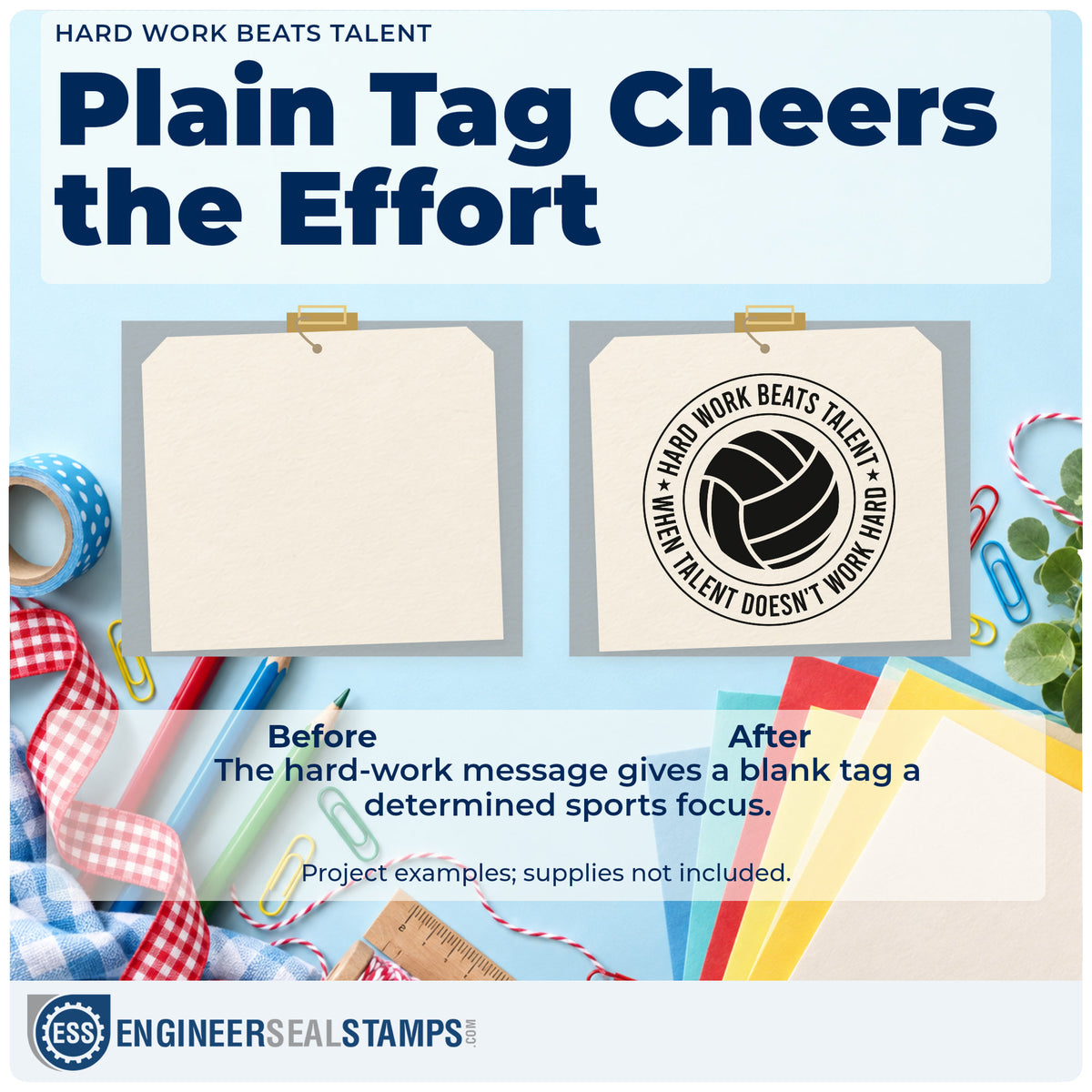 Before and after of a plain item finished with the Volleyball Circle With Hard Work Quote Compact Pre-Inked Stamp – Slim, a quick upgrade for framed practice court.