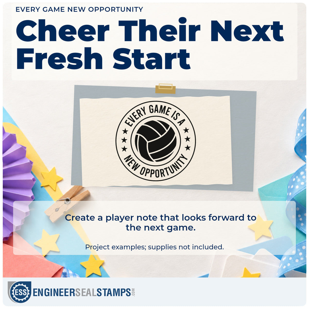 A finished handmade project stamped with the Volleyball Stars With New Opportunity Quote Slim Pre-Inked Stamp, ideal for grass event album page.