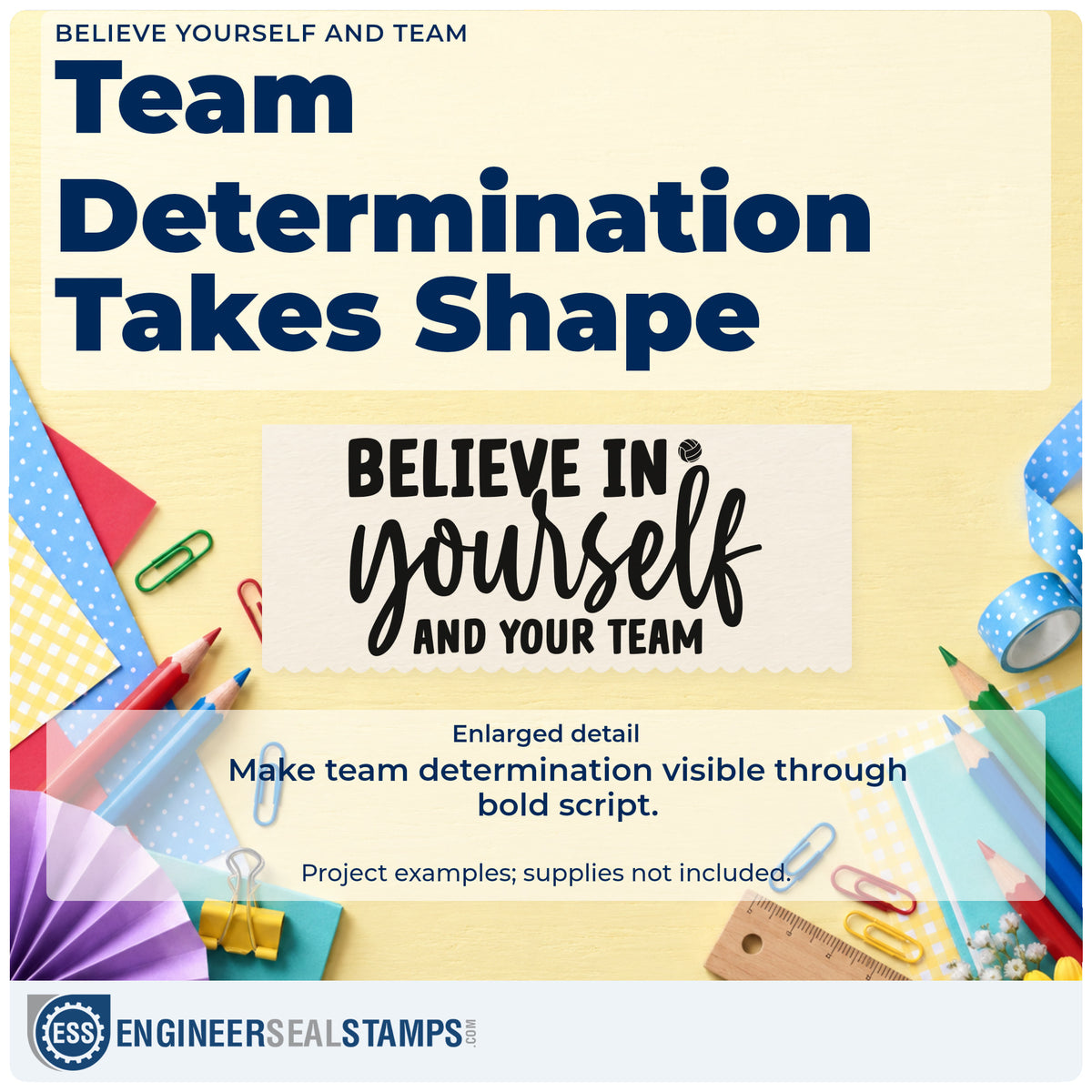 Enlarged detail of the Believe Yourself And Team Premium Wood-Mounted Stamp – Vintage Pro imprint. BELIEVE IN yourself AND YOUR TEAM appears in bold capitals and script.