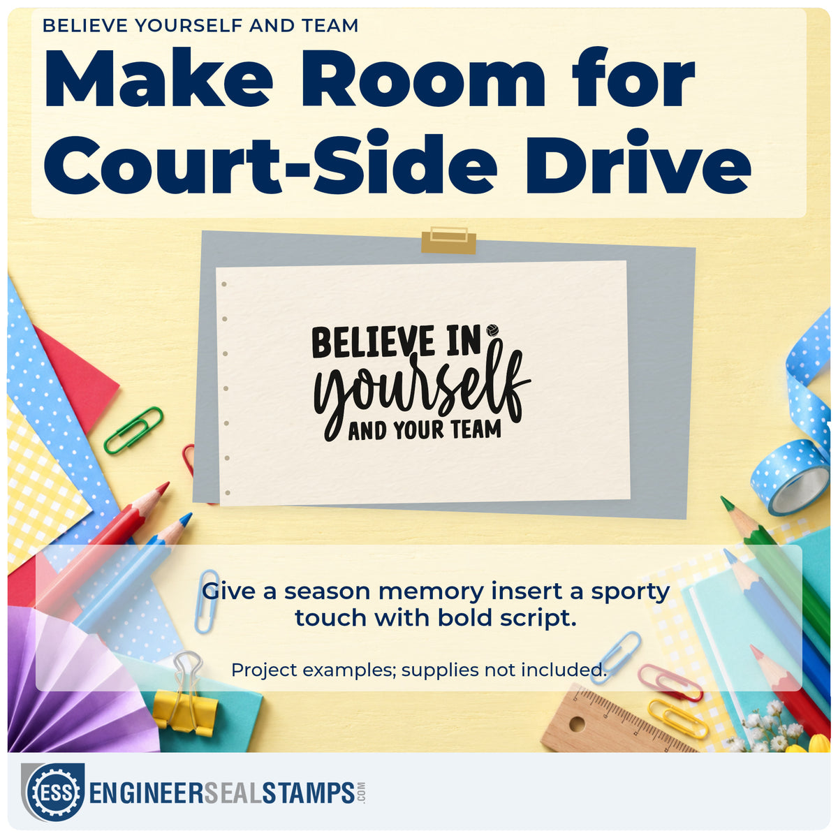 A finished handmade project stamped with the Believe Yourself And Team Premium Wood-Mounted Stamp – Vintage Pro, ideal for team dinner album page.