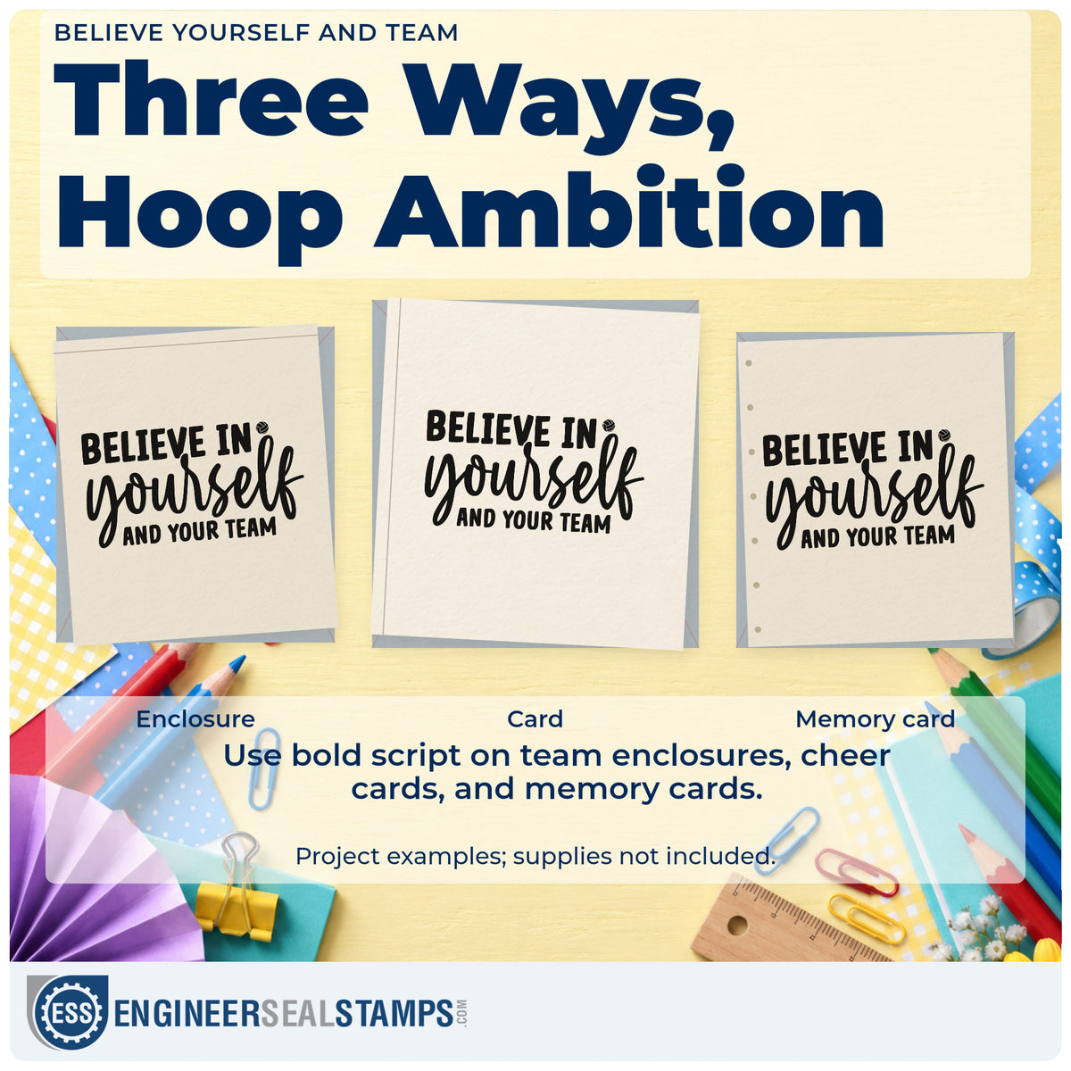 Three project examples made with the Believe Yourself And Team Premium Wood-Mounted Stamp – Vintage Pro, including dinner rota sheet.