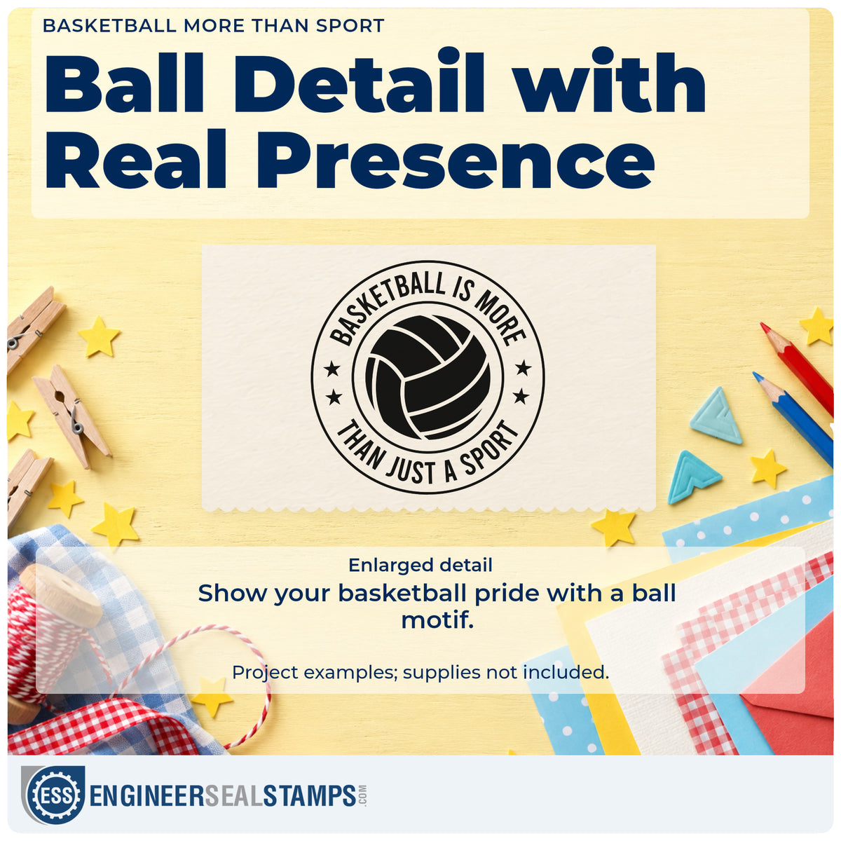 Enlarged detail of the Circular Basketball Quote With Stars Pre-Inked Stamp – Slim imprint. A volleyball-style ball fills a circular badge reading BASKETBALL IS MORE THAN JUST A SPORT with stars.