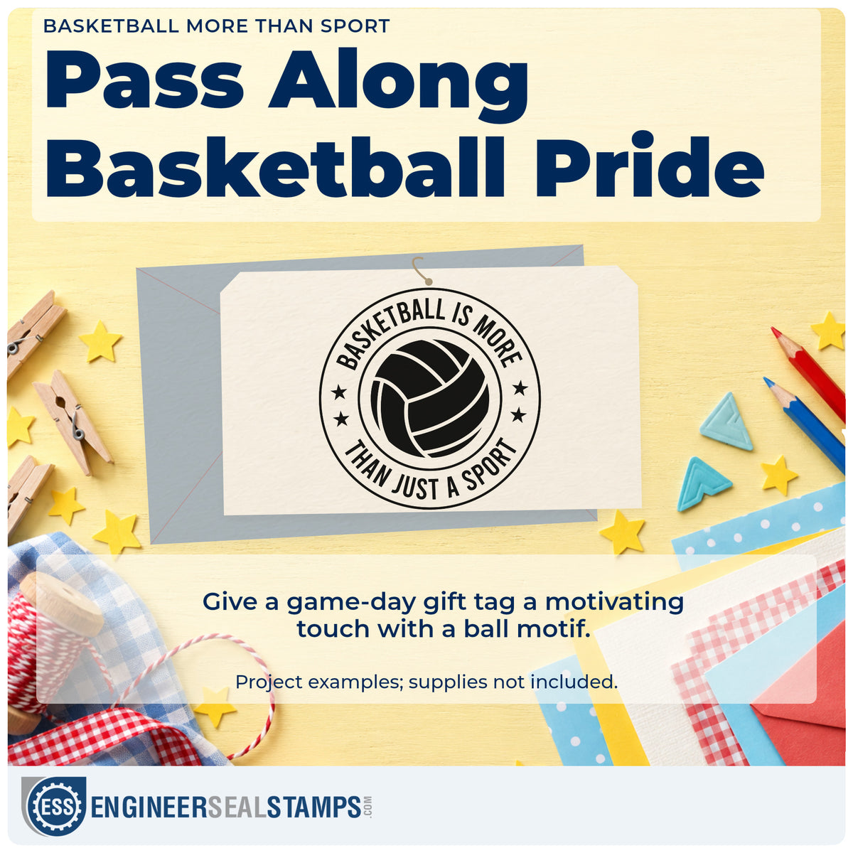 A finished handmade project stamped with the Circular Basketball Quote With Stars Pre-Inked Stamp – Slim, ideal for program album page.