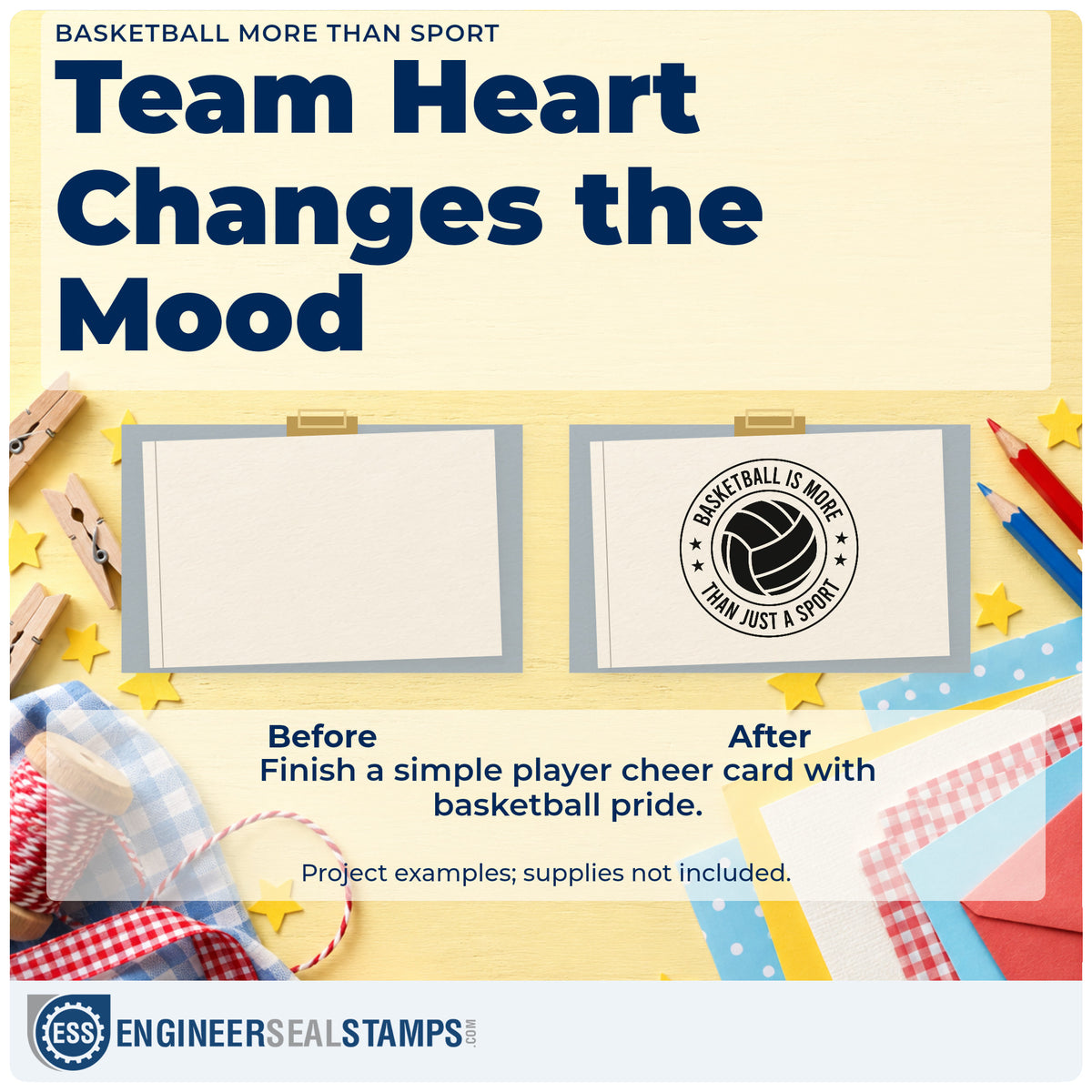 Before and after of a plain item finished with the Circular Basketball Quote With Stars Pre-Inked Stamp – Slim, a quick upgrade for framed gym entry.