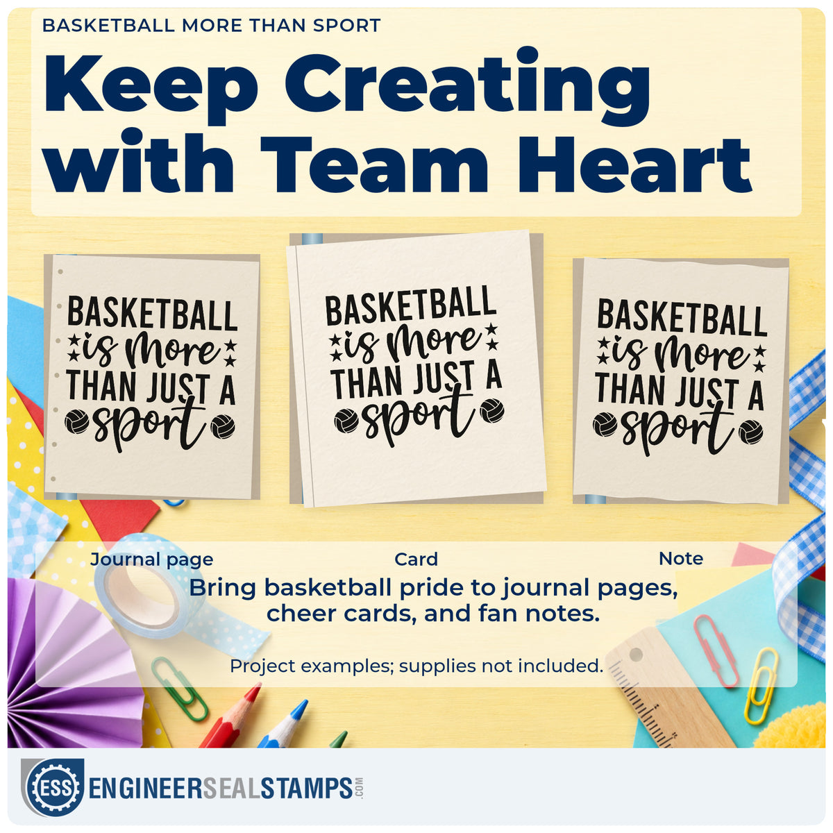 Three project examples made with the Wood Handle Star Accents With Basketball Quote Rubber Stamp, including bracket plan sheet.