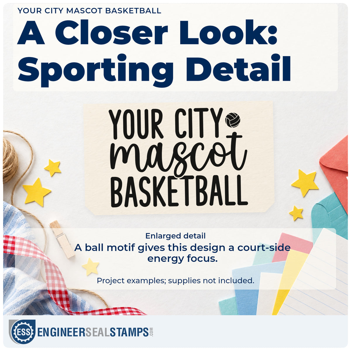 Enlarged detail of the Basketball Mascot Placeholder Lettering Rubber Stamp – Wood Handle imprint. YOUR CITY mascot BASKETBALL appears with a small volleyball-style ball.