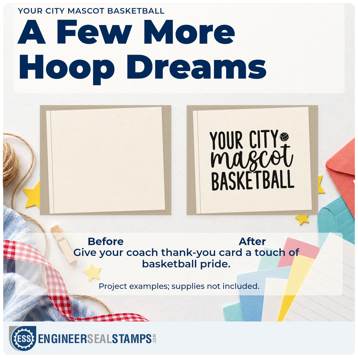 Before and after of a plain item finished with the Basketball Mascot Placeholder Lettering Stamp – Slim Pre-Inked, a quick upgrade for framed press room.