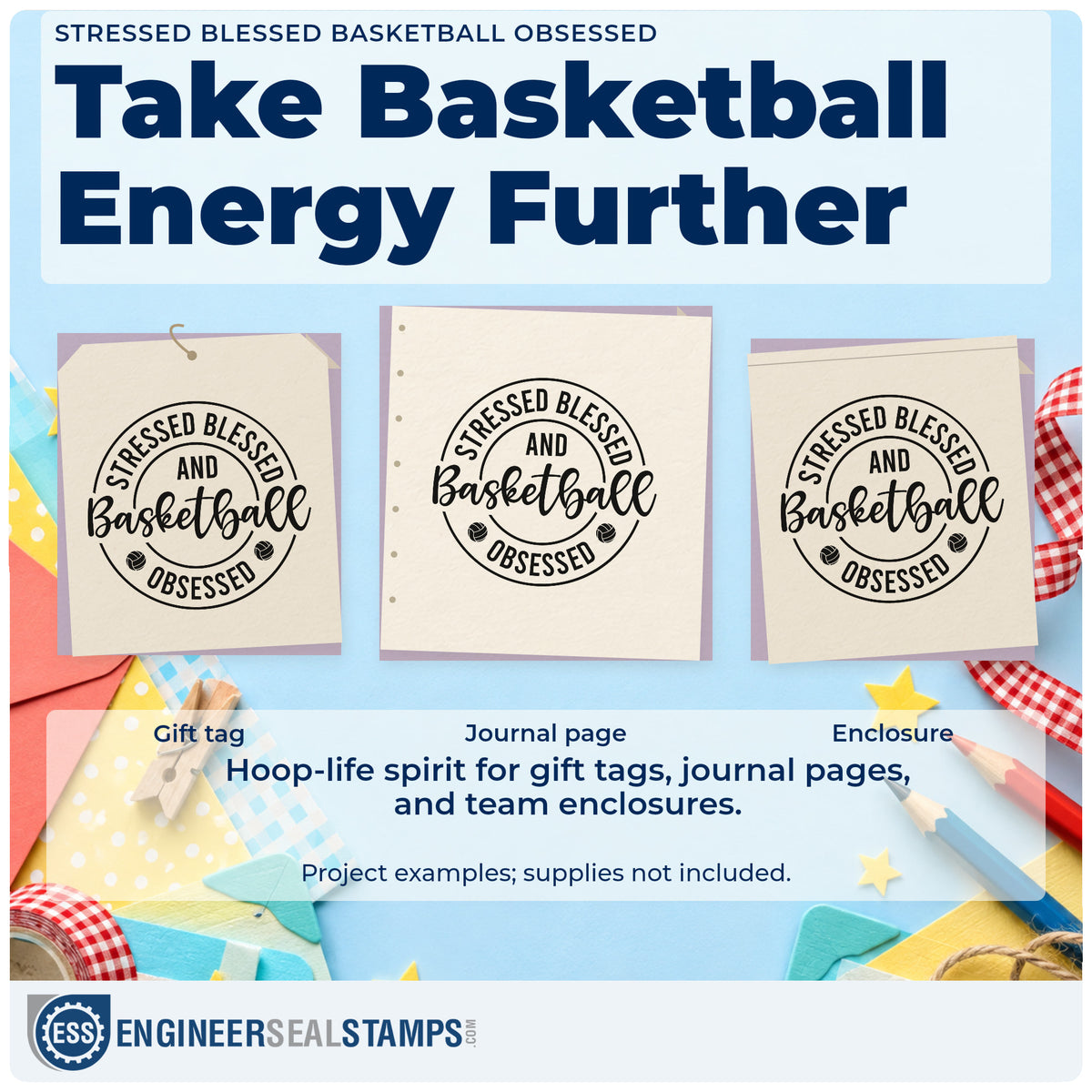Three project examples made with the Stressed Blessed And Basketball Obsessed Stamp – Premium Vintage Pro Wooden, including volunteer rota sheet.