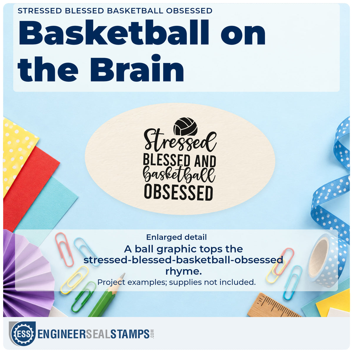 Enlarged detail of the Vintage Pro Basketball Obsessed Stacked Lettering Premium Wooden Stamp imprint. Stressed BLESSED AND Basketball OBSESSED appears beneath a volleyball-style ball.
