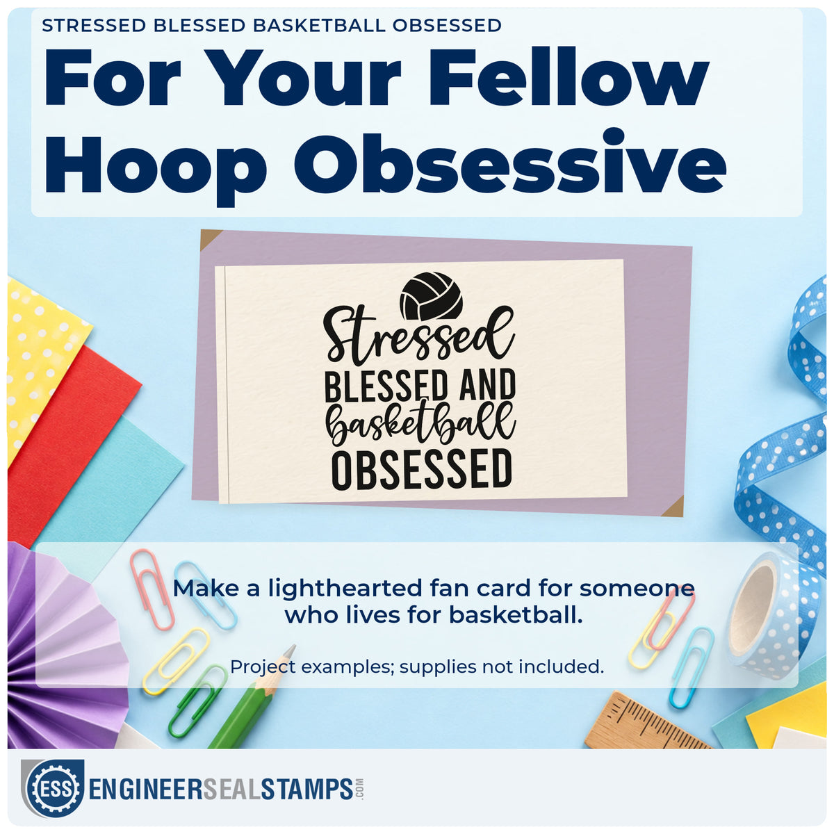 A finished handmade project stamped with the Vintage Pro Basketball Obsessed Stacked Lettering Premium Wooden Stamp, ideal for carpool album page.