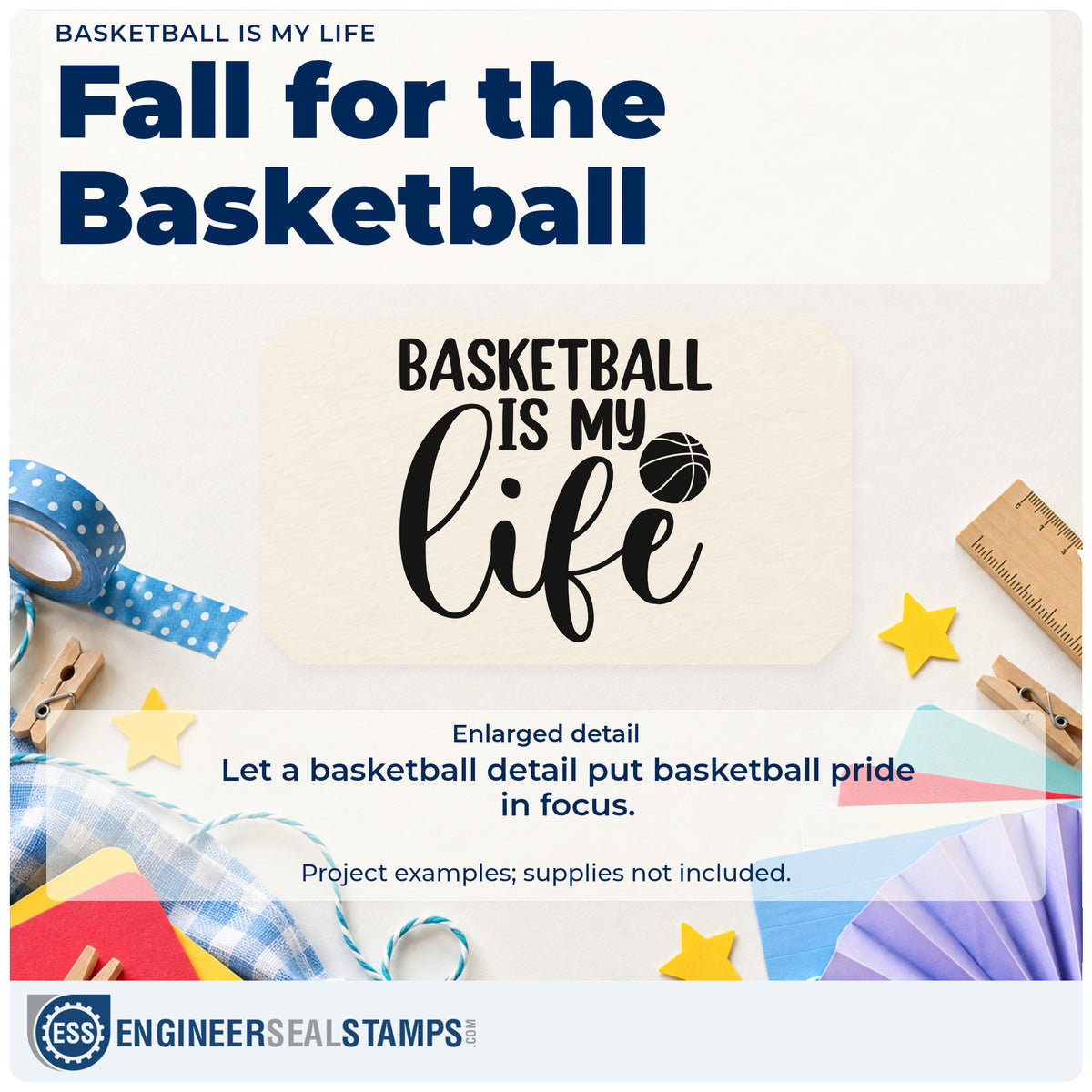 Enlarged detail of the Duo Hand Basketball Is My Life Script Lettering Rubber Stamp imprint. BASKETBALL IS MY life appears with a basketball beside the large script word.