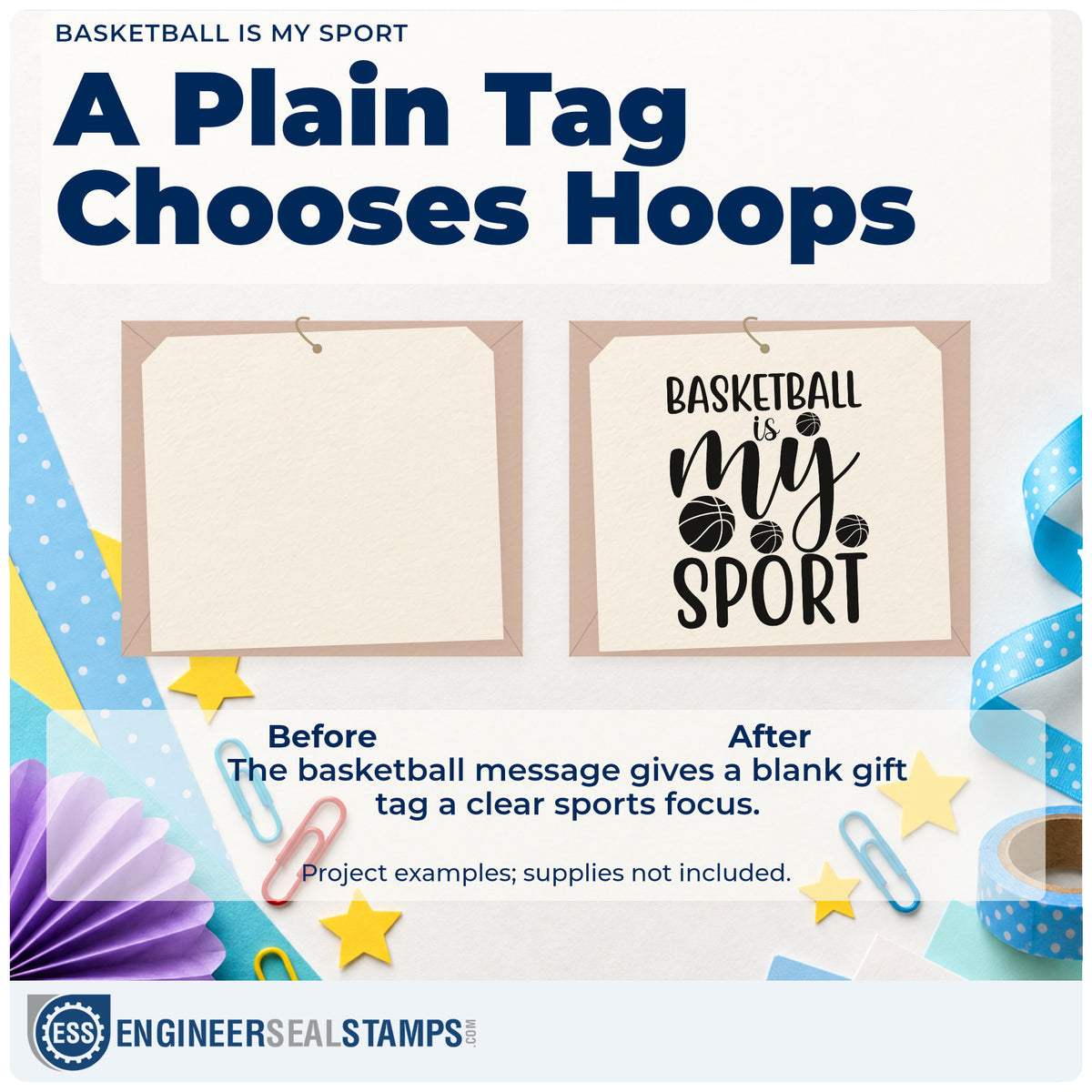 Before and after of a plain item finished with the Basketball Is My Sport Ball Scatter Rubber Stamp – Wood Handle, a quick upgrade for framed hall hook.