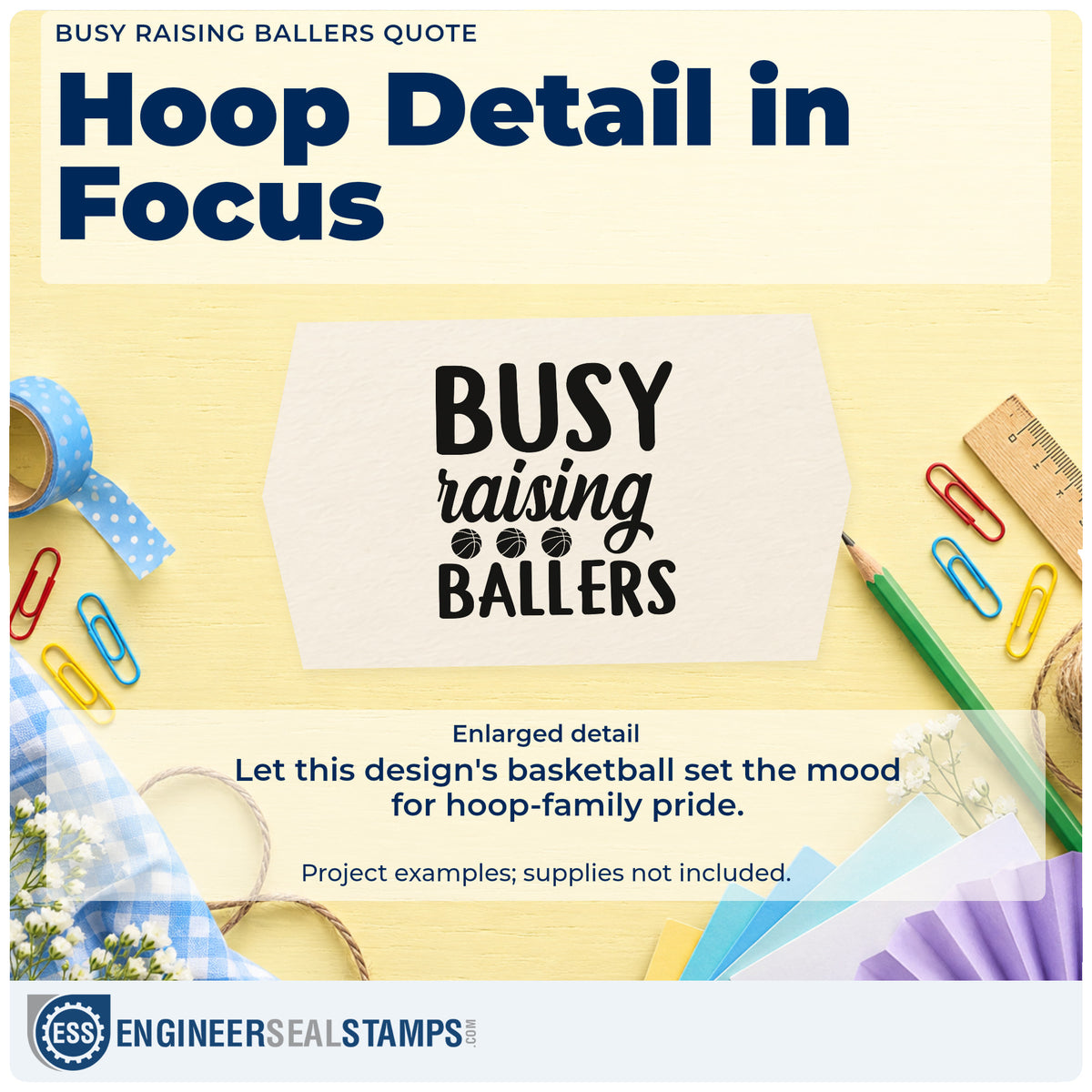 Enlarged detail of the Slim Pre-Inked Busy Raising Ballers Word Art Stamp imprint. BUSY raising BALLERS appears with three small basketballs.