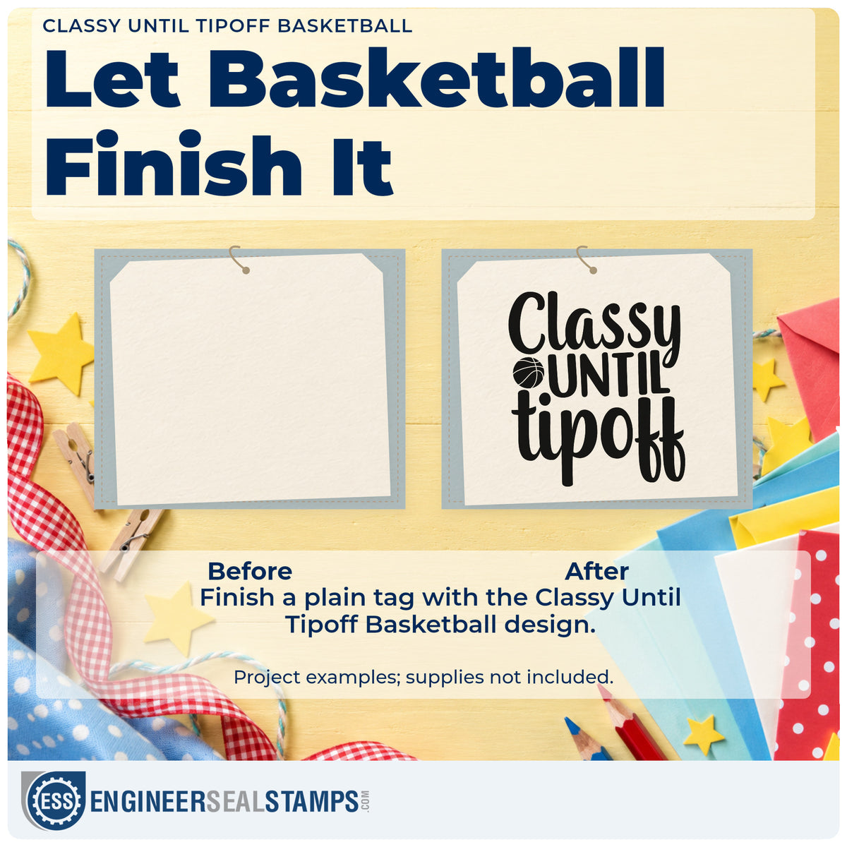 Before and after of a plain item finished with the Classy Until Tipoff Basketball Pre-Inked Stamp – Slim, a quick upgrade for framed vanity corner.