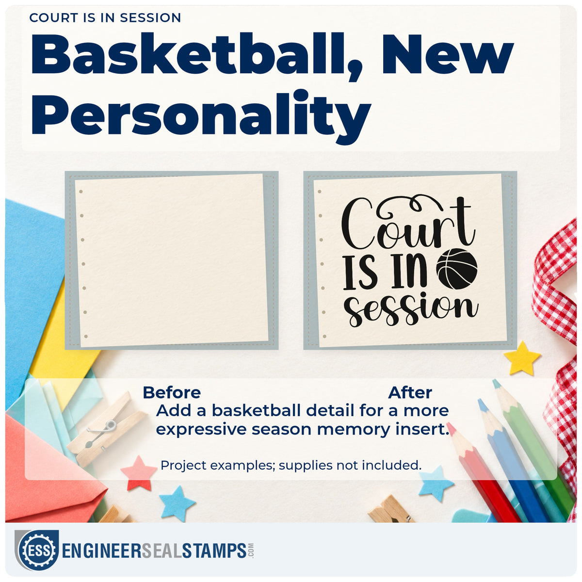 Before and after of a plain item finished with the Court Is In Session Basketball Stamp – Duo Hand, a quick upgrade for framed ticket table.