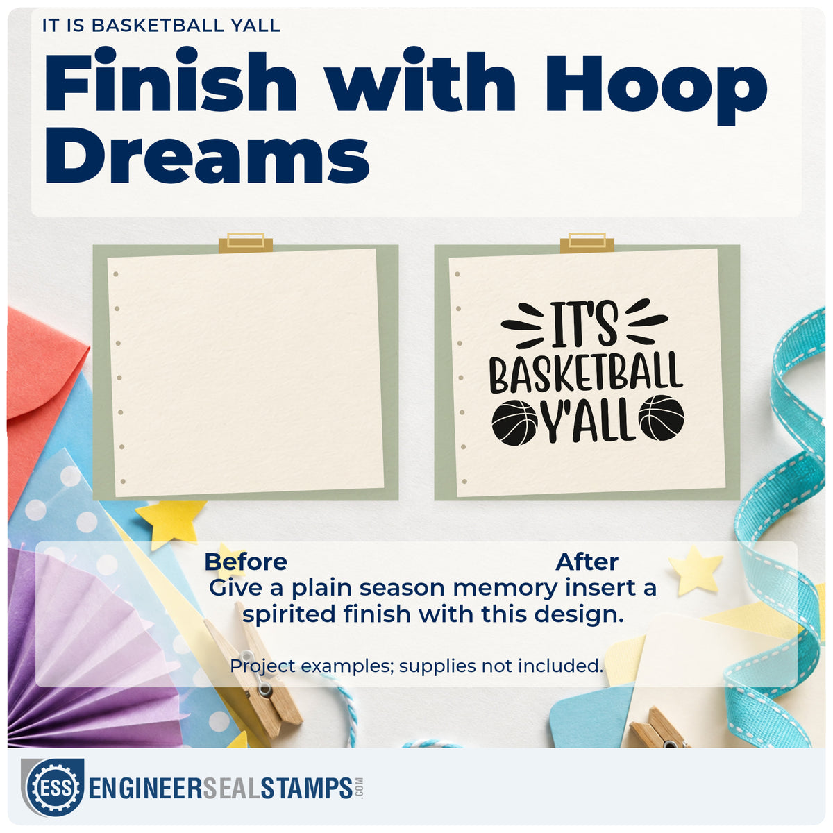 Before and after of a plain item finished with the It Is Basketball Yall Self-Inking Stamp, a quick upgrade for framed club entry.