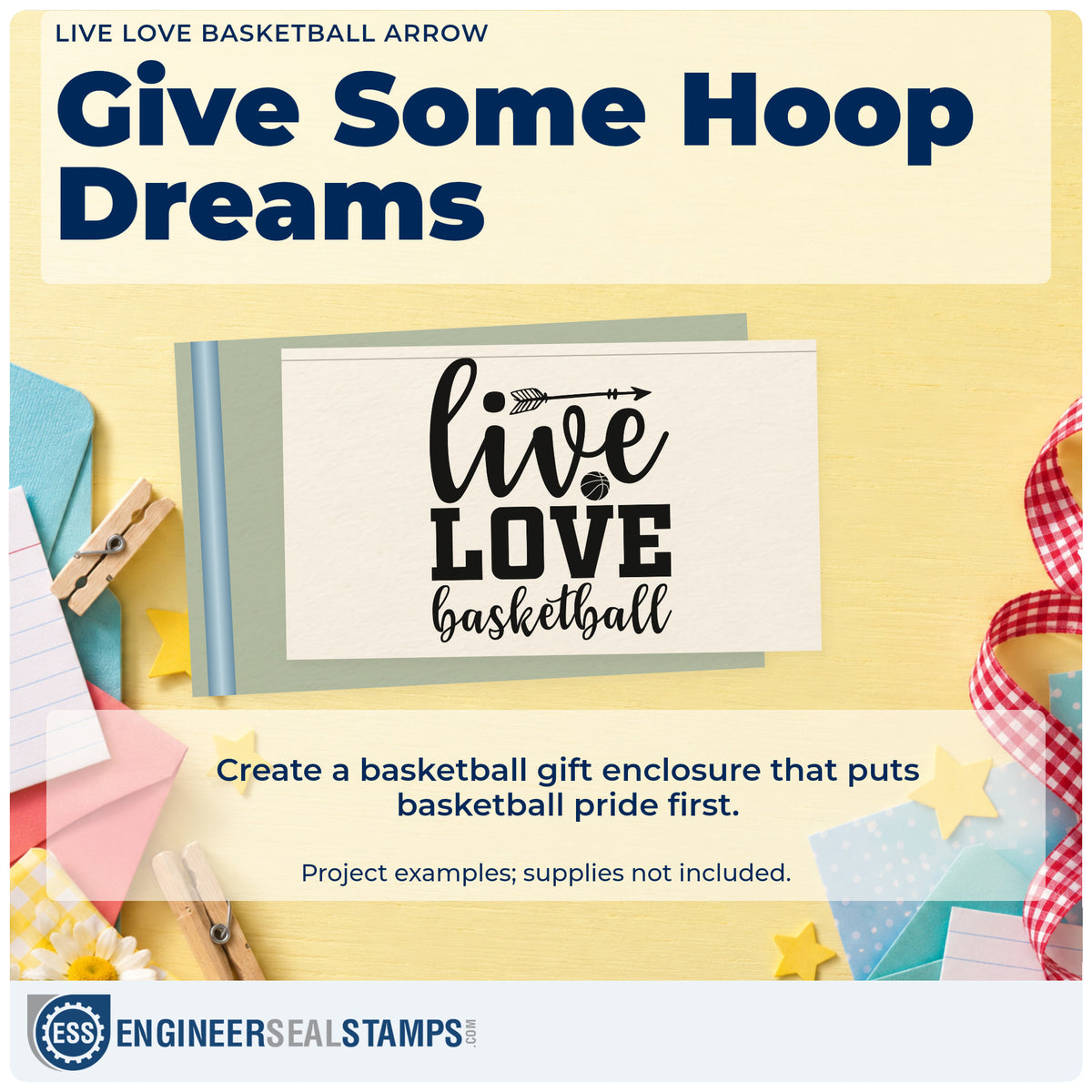 A finished handmade project stamped with the Live Love Basketball Arrow Premium Wooden Stamp – Vintage Pro, ideal for stall album page.