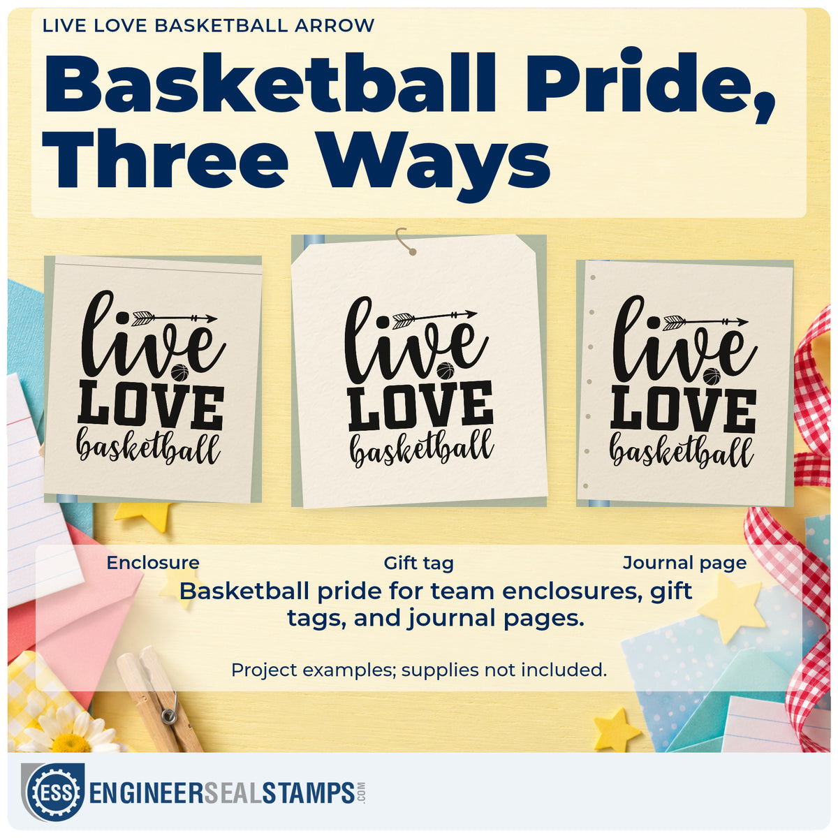 Three project examples made with the Live Love Basketball Arrow Rubber Stamp – Duo Hand, including decor rota sheet.