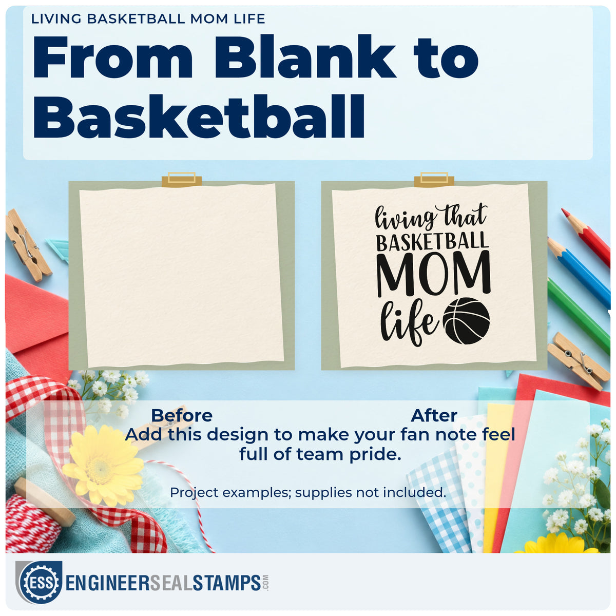 Before and after of a plain item finished with the Living Basketball Mom Life Hand Stamp – Duo, a quick upgrade for framed gym foyer.