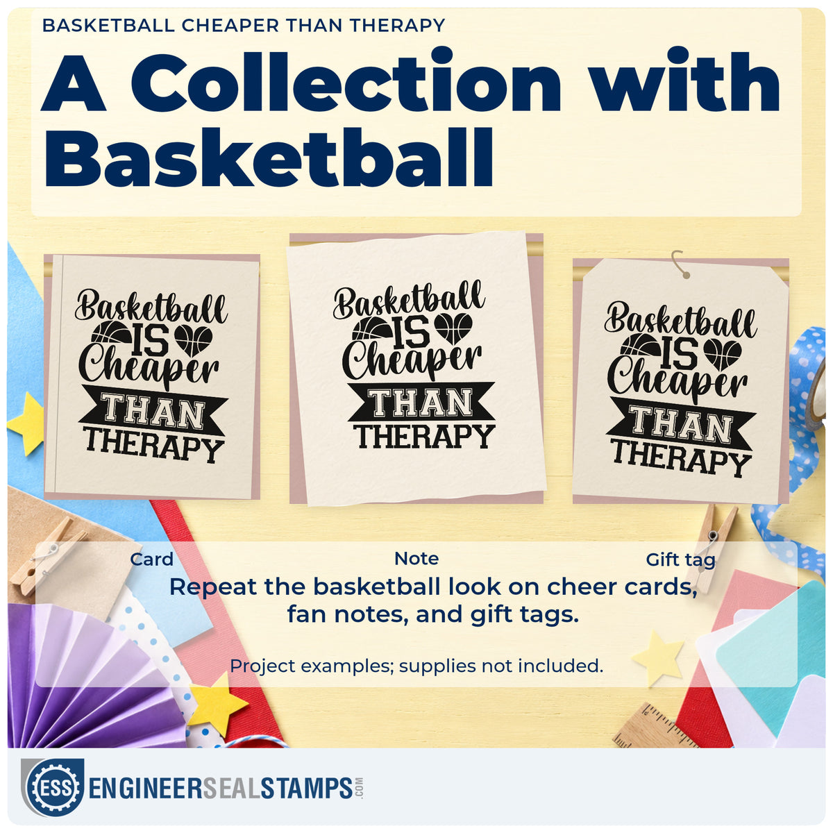 Three project examples made with the Basketball Is Cheaper Than Therapy Premium Wooden Stamp – Vintage Pro, including roster signup sheet.