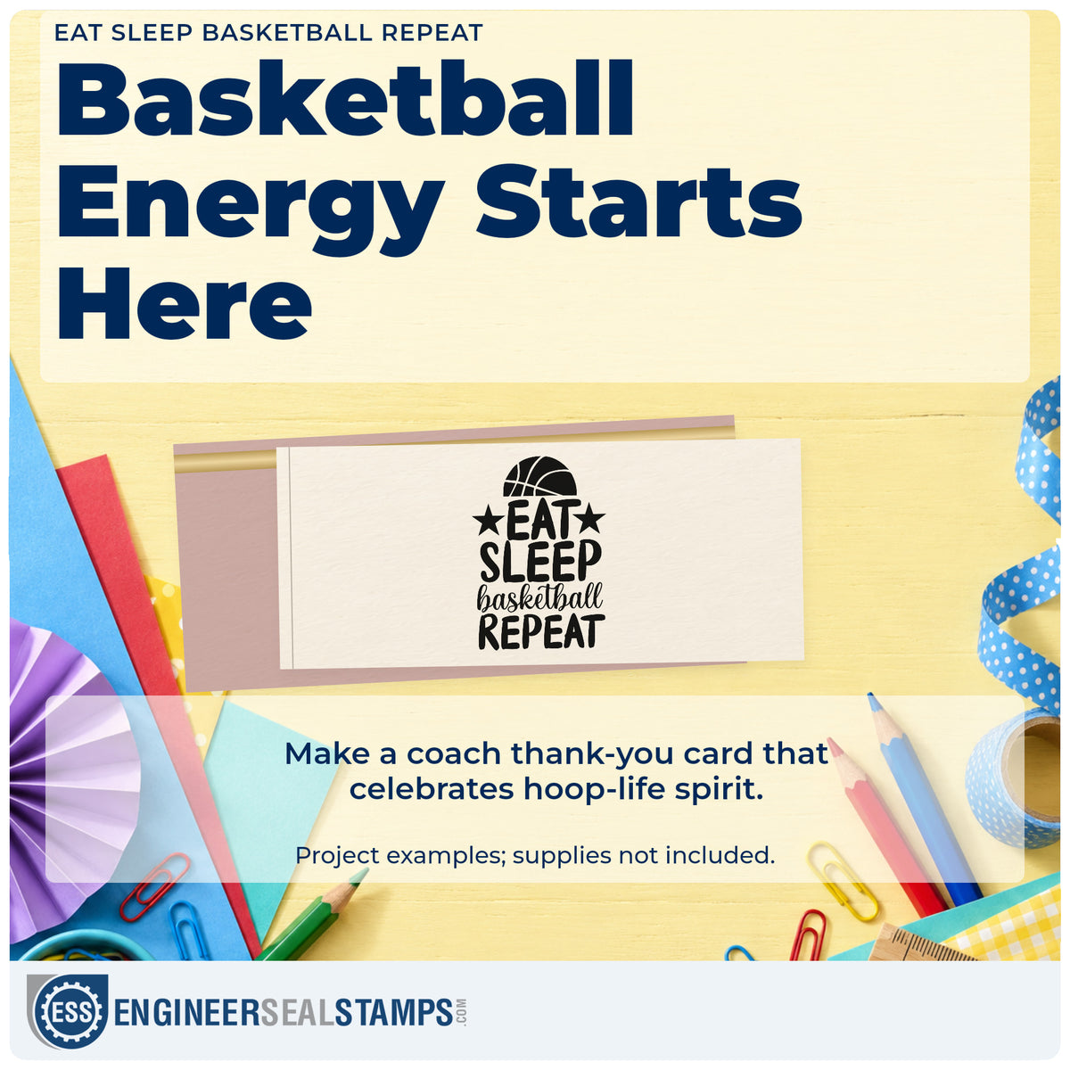A finished handmade project stamped with the Eat Sleep Basketball Repeat With Stars Slim Pre-Inked Stamp, ideal for summer album page.