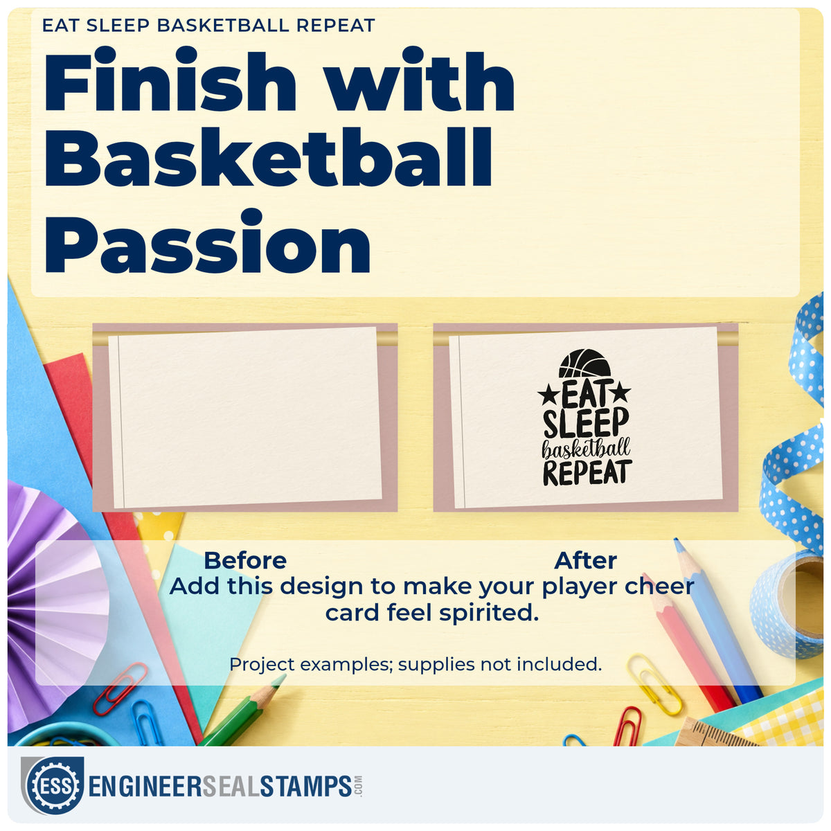 Before and after of a plain item finished with the Eat Sleep Basketball Repeat With Stars Pre-Inked Stamp – PSI, a quick upgrade for framed bedroom door.
