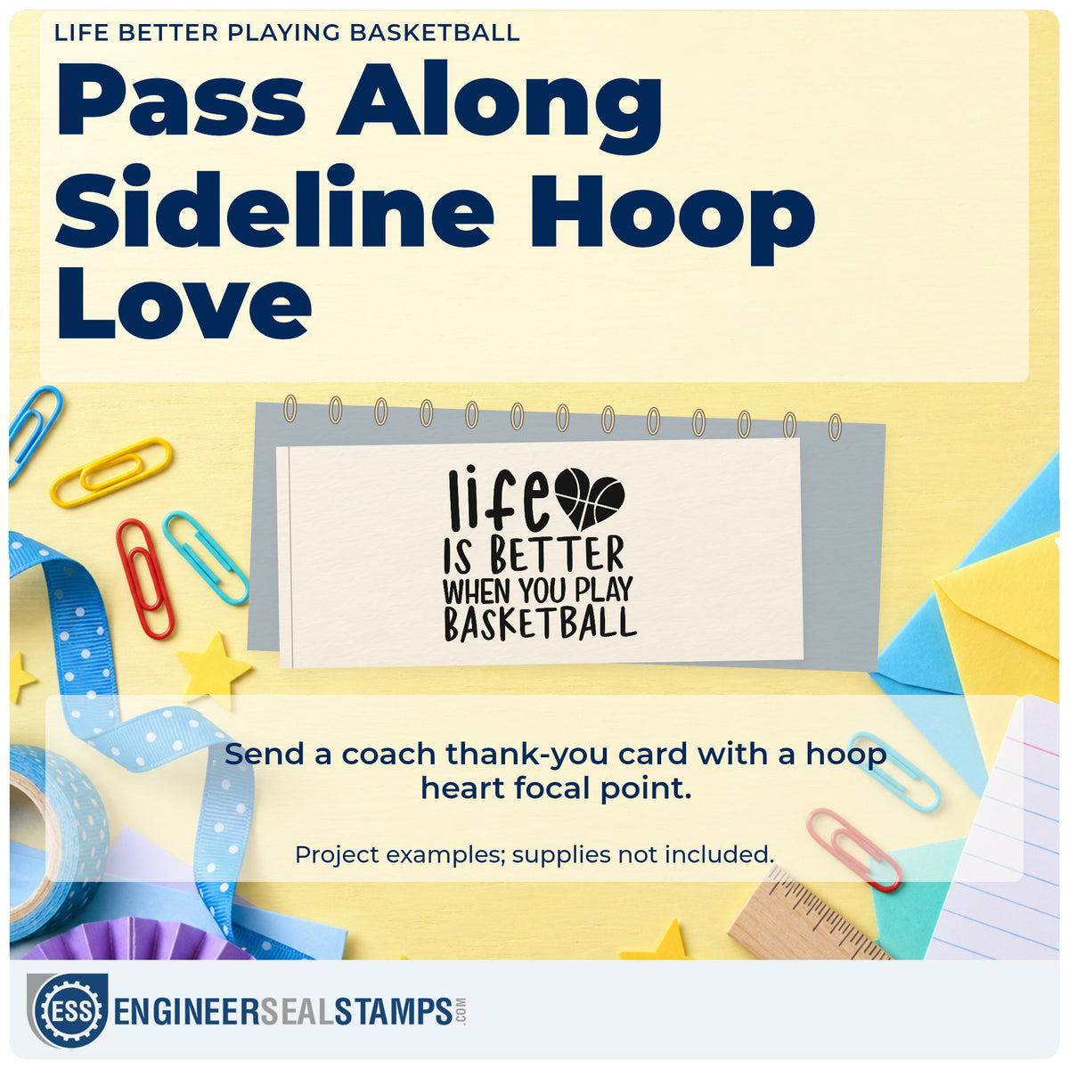A finished handmade project stamped with the Life Better Playing Basketball Premium Wood-Mounted Stamp – Vintage Pro, ideal for veteran league album page.